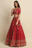 Cherry Red Hand Embroidered Bridal Lehenga set