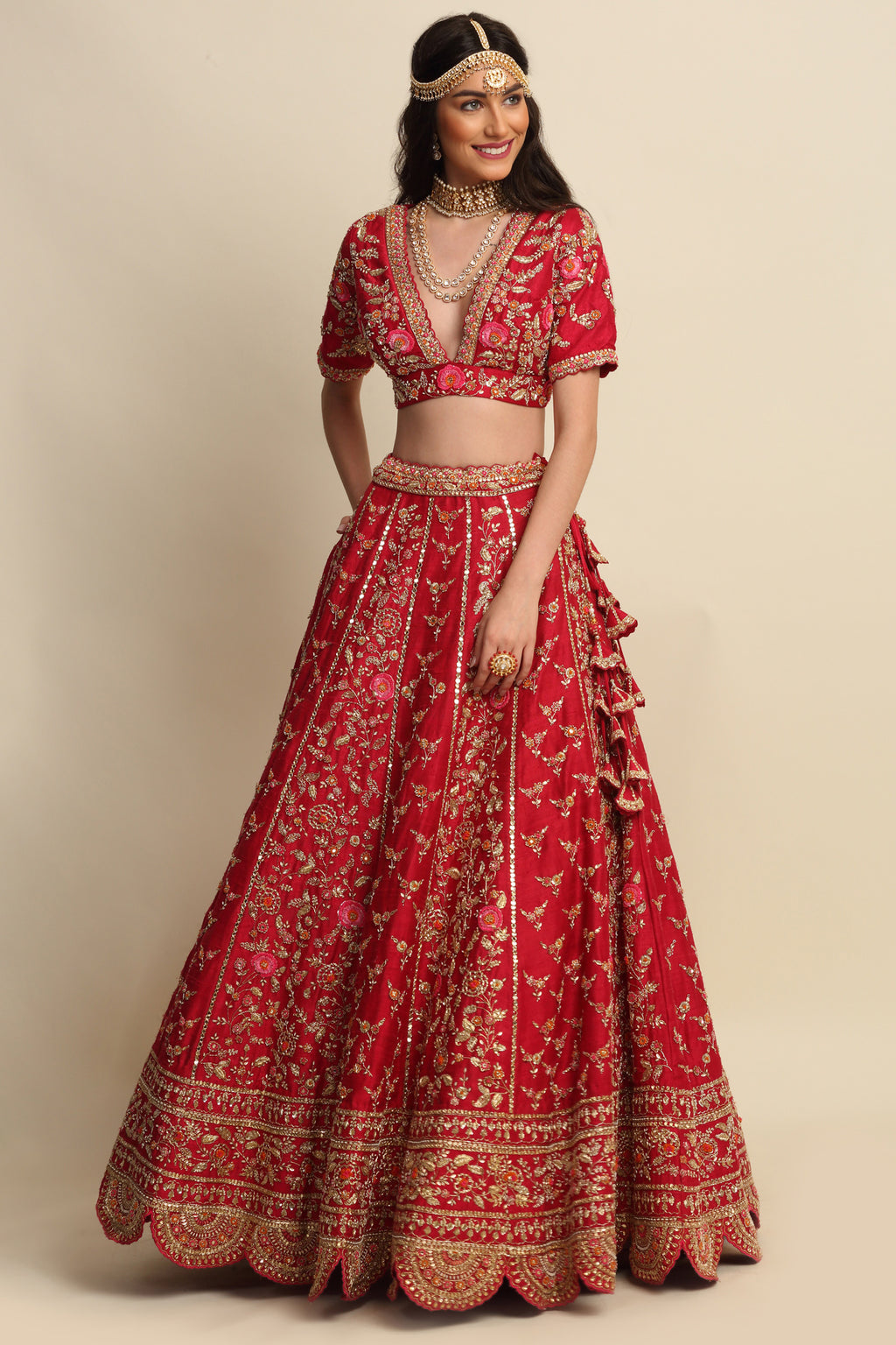 Cherry Red Hand Embroidered Bridal Lehenga Set