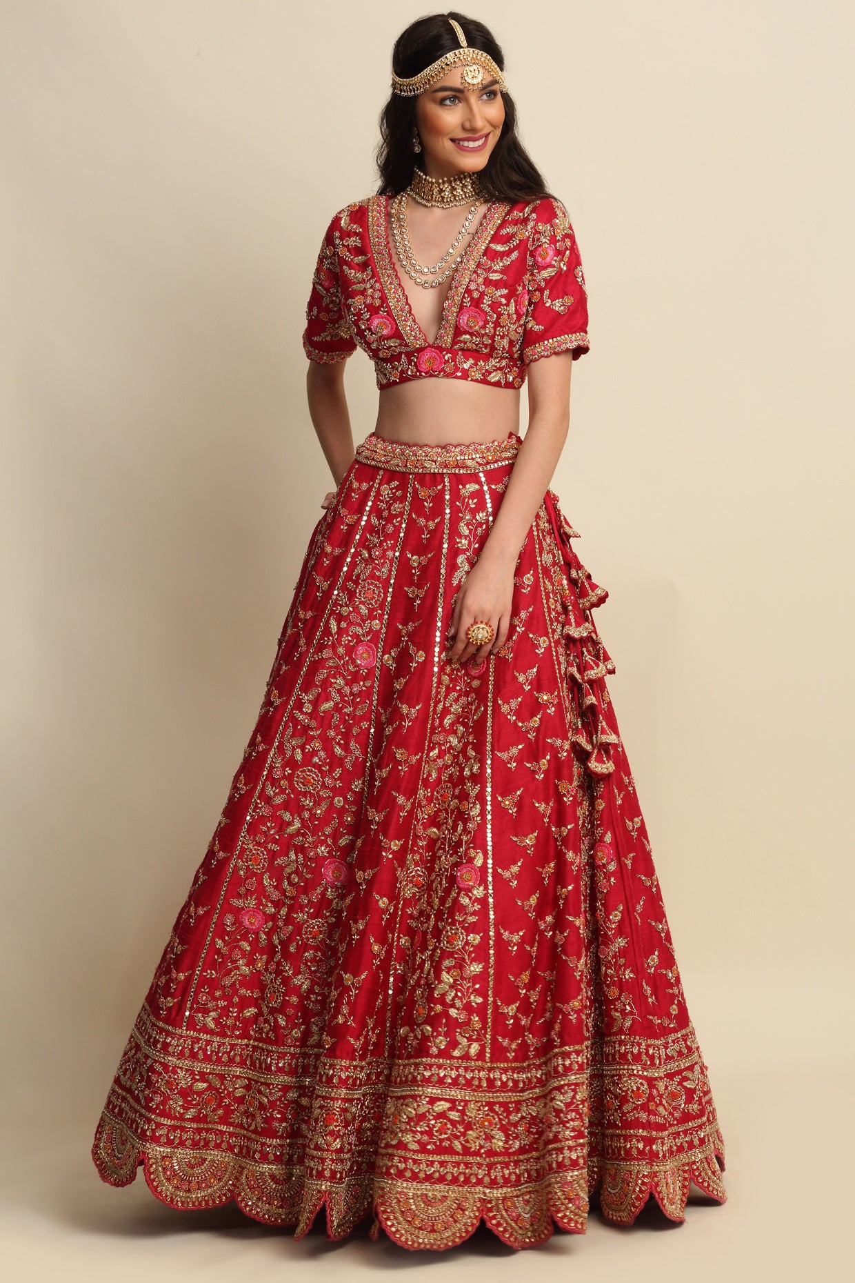 Cherry Red Hand Embroidered Bridal Lehenga Set