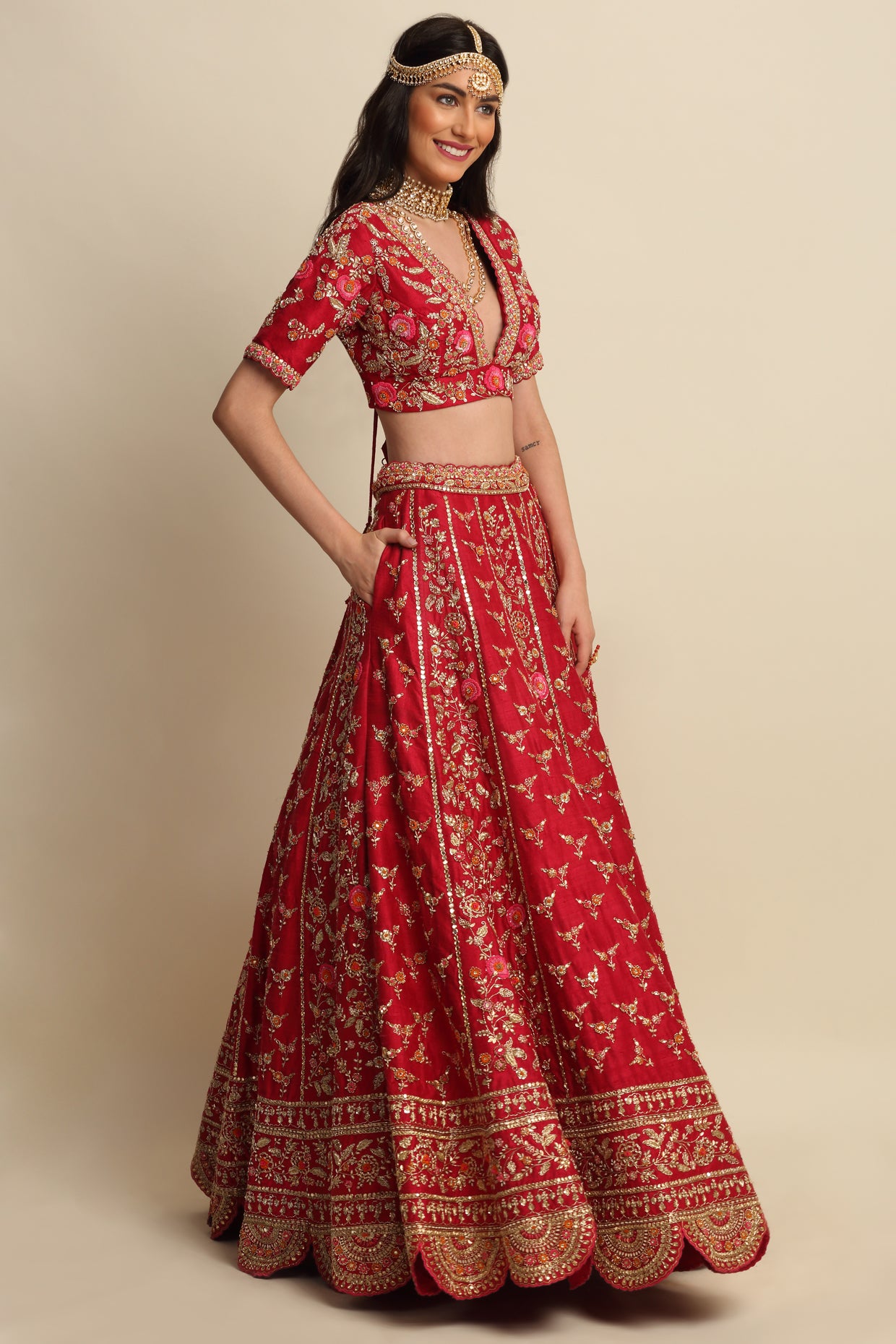 Cherry Red Hand Embroidered Bridal Lehenga Set