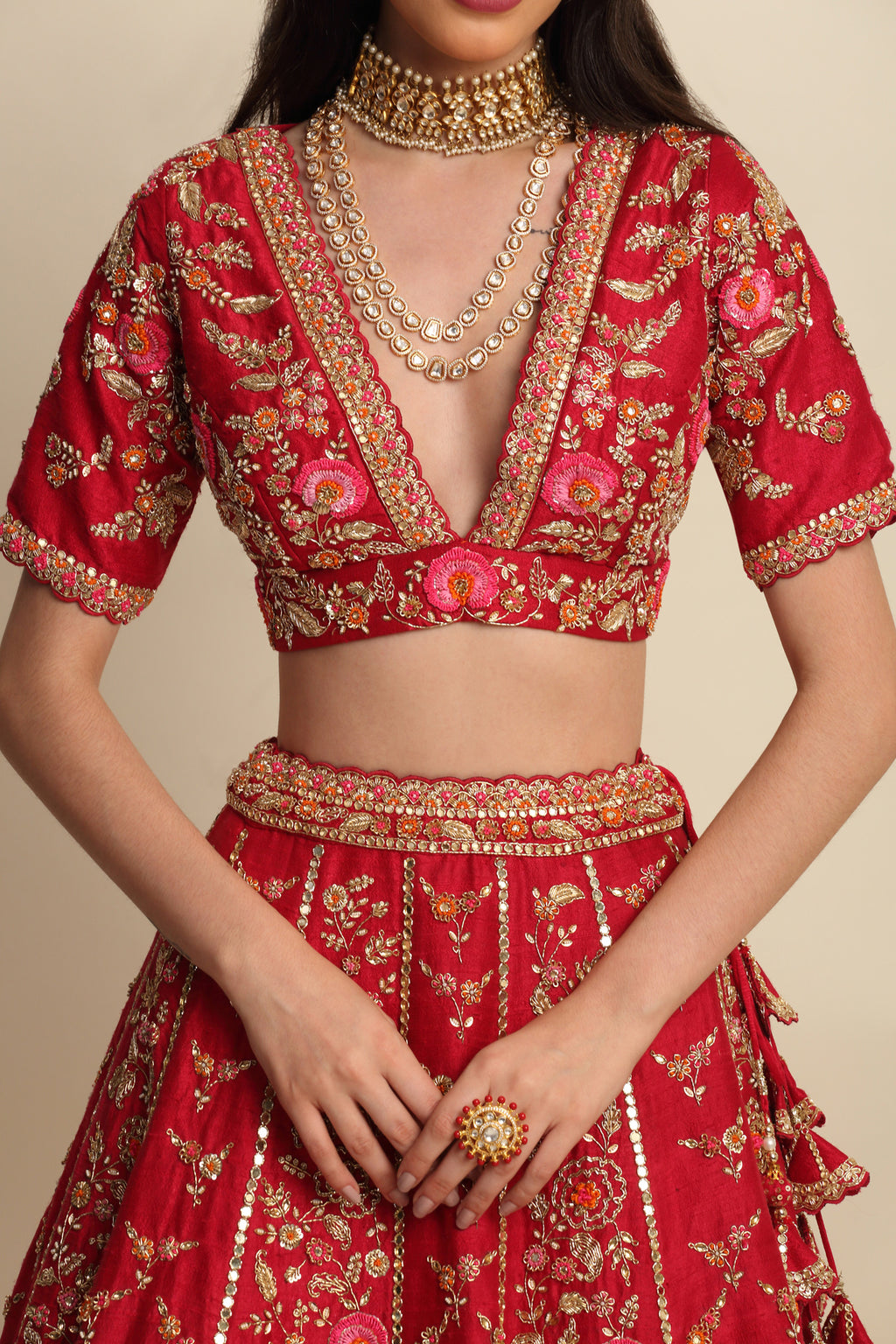 Cherry Red Hand Embroidered Bridal Lehenga Set