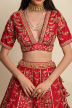 Cherry Red Hand Embroidered Bridal Lehenga Set
