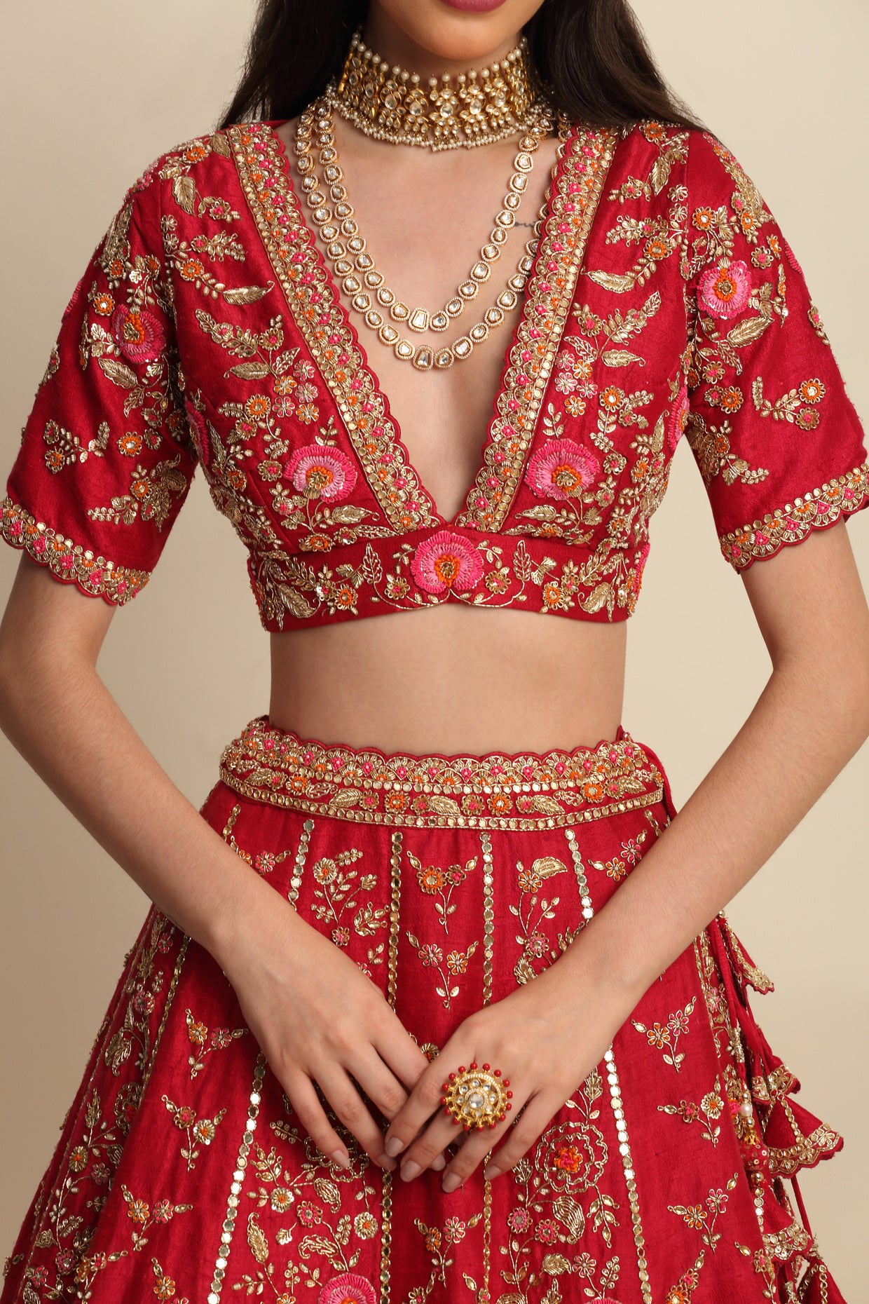 Cherry Red Hand Embroidered Bridal Lehenga Set
