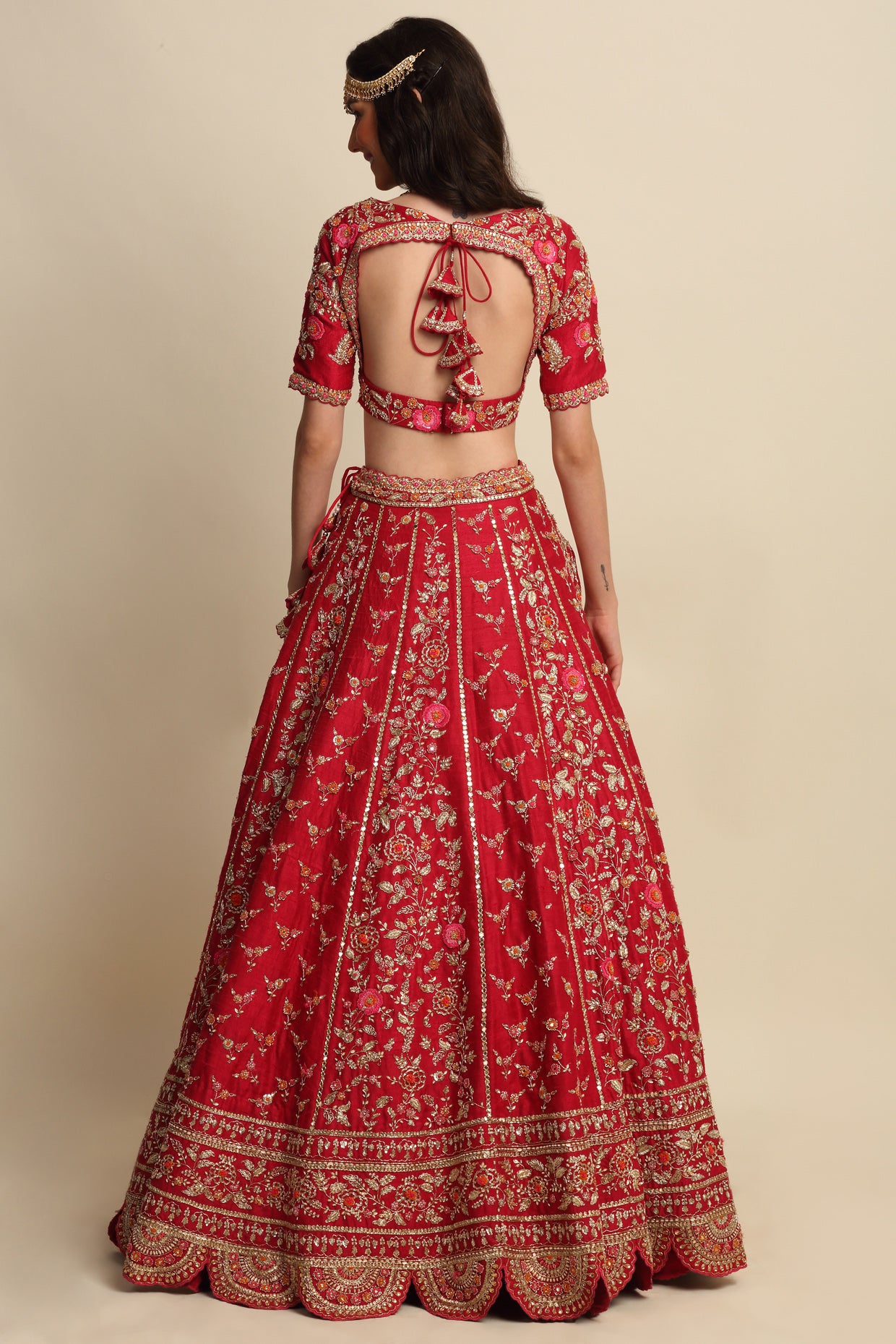 Cherry Red Hand Embroidered Bridal Lehenga set