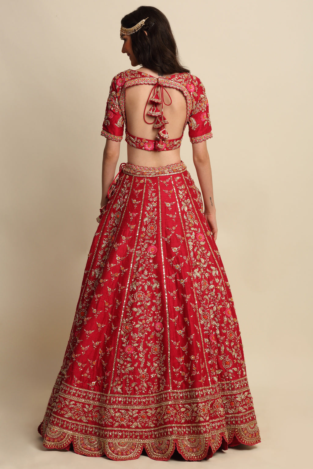 Cherry Red Hand Embroidered Bridal Lehenga Set