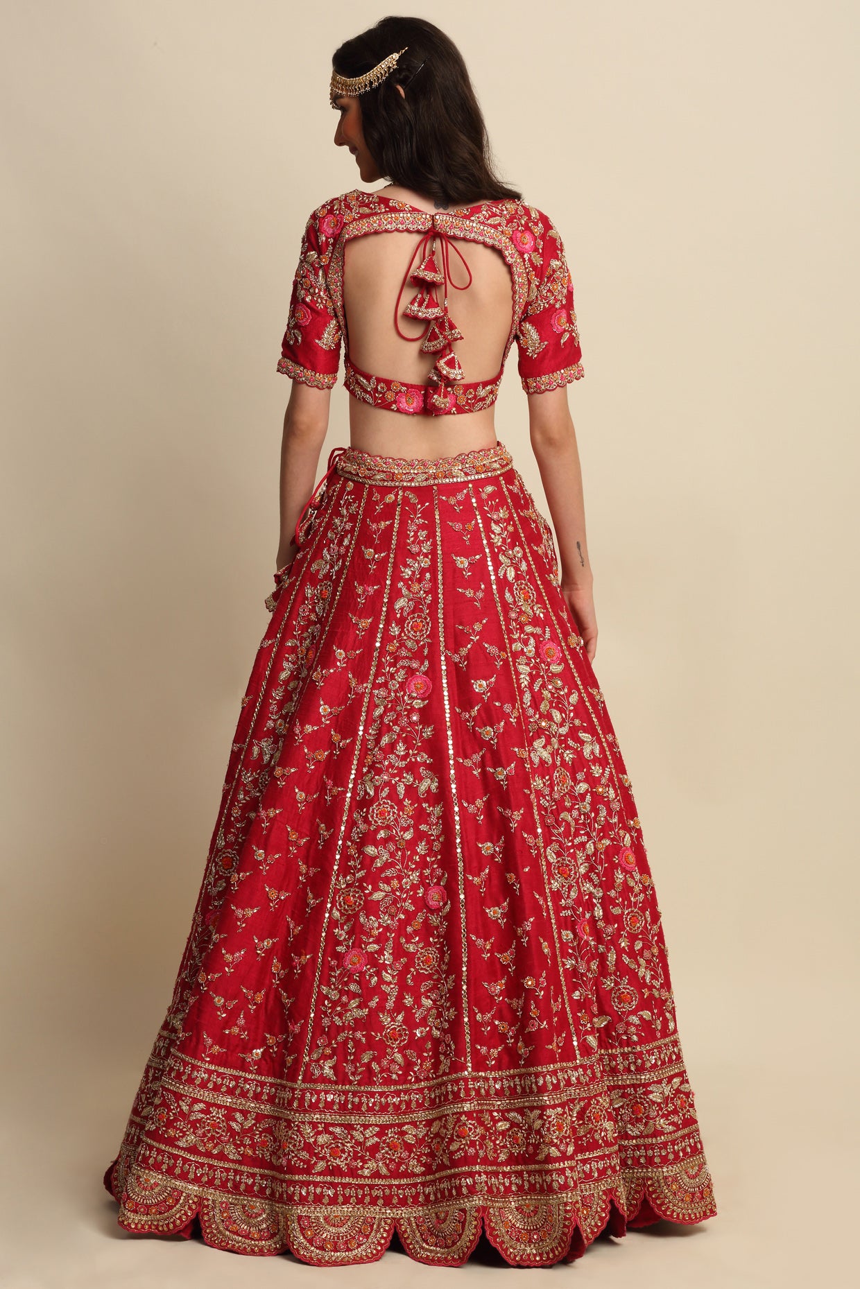 Cherry Red Hand Embroidered Bridal Lehenga Set