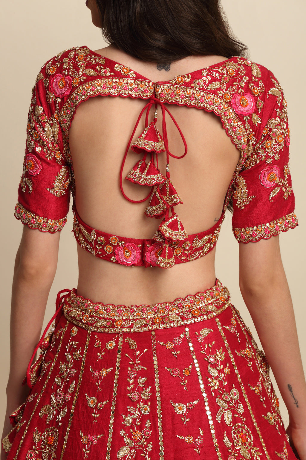 Cherry Red Hand Embroidered Bridal Lehenga Set