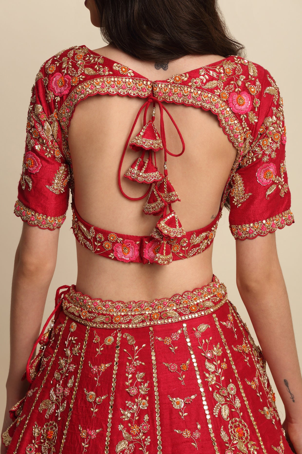 Cherry Red Hand Embroidered Bridal Lehenga Set