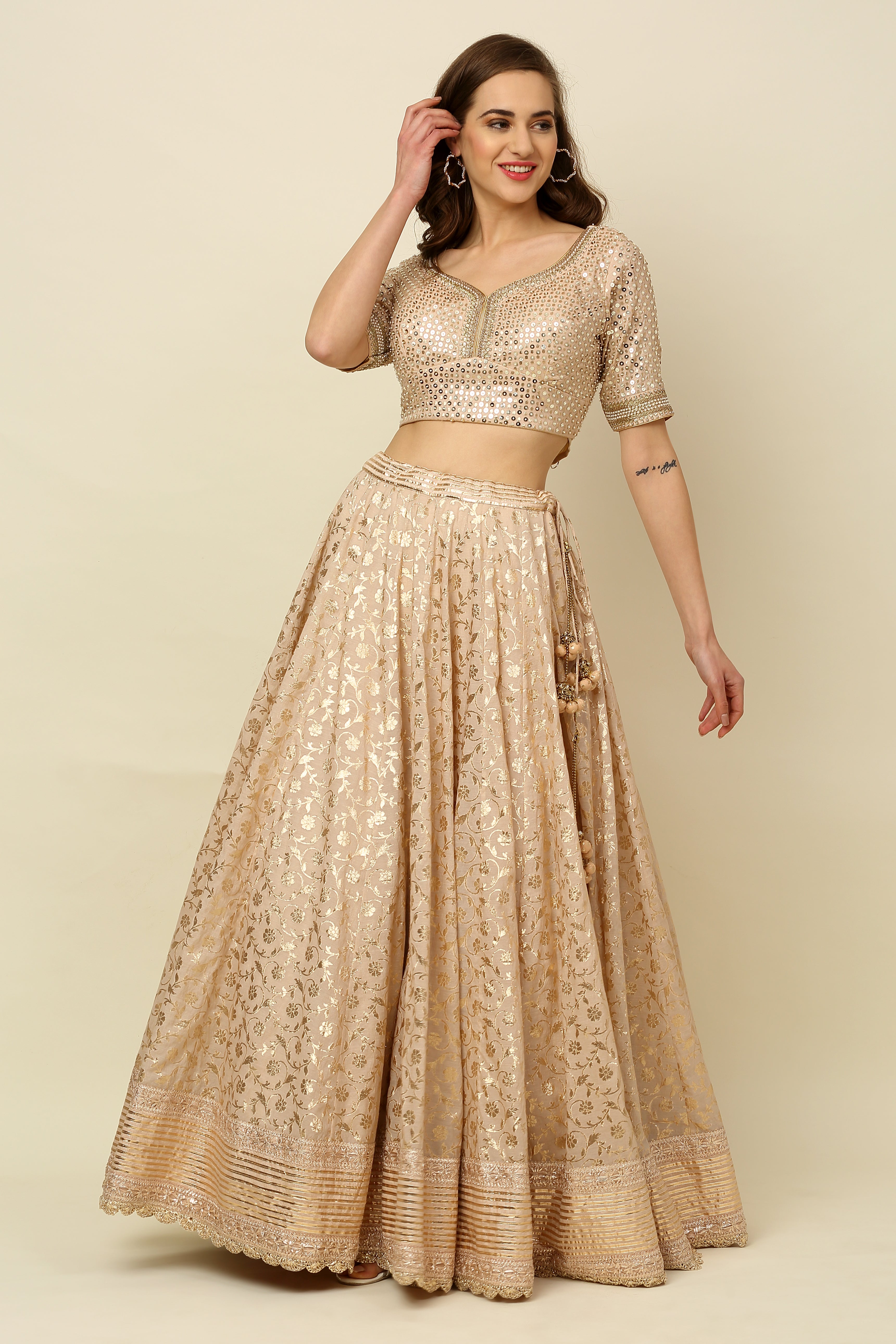 Blush Pink Golden Tissue Crop-top Lehenga – Ramya Katta Couture