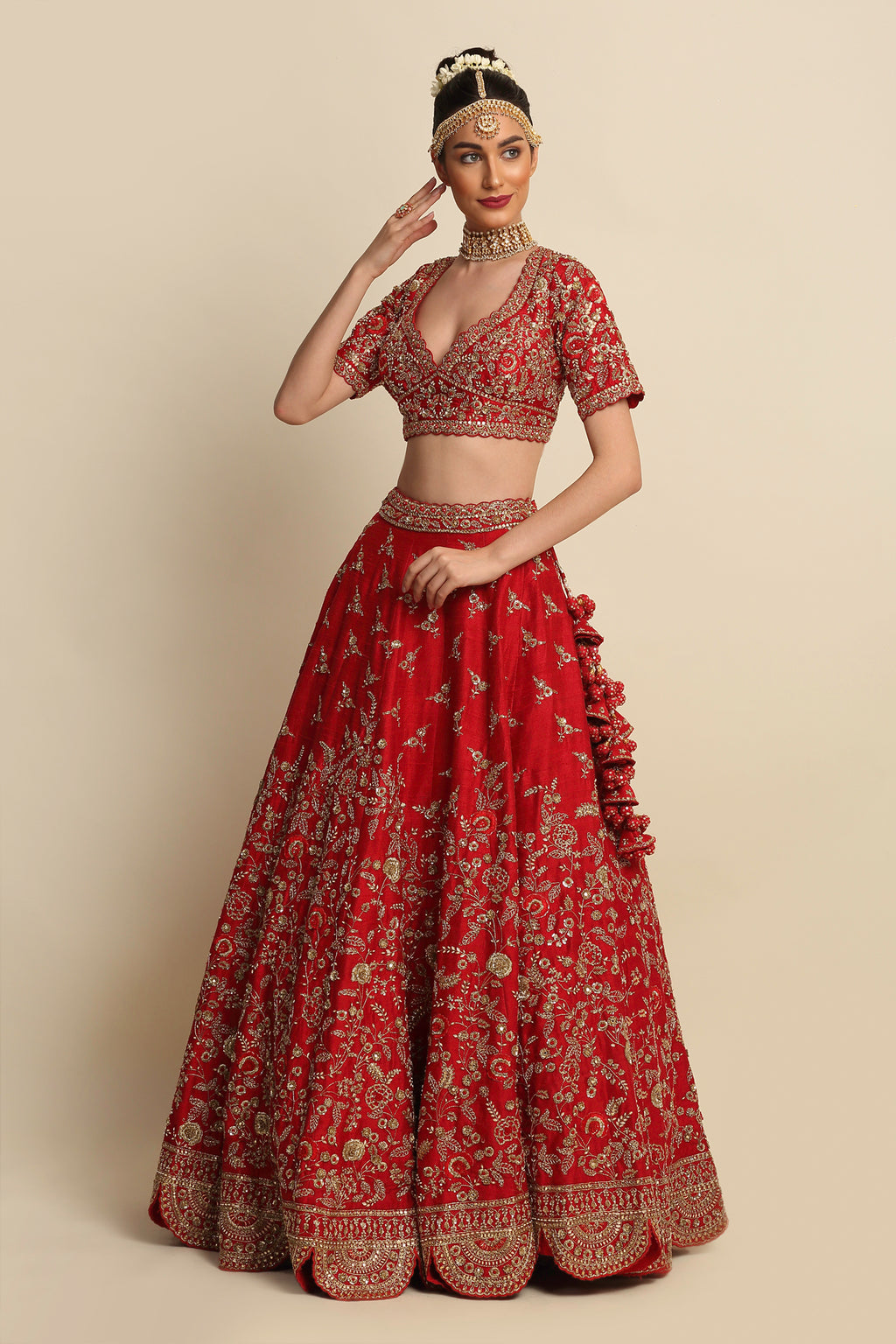 Electric Red Hand Embroidered Bridal Lehenga Set