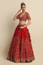 Electric Red Hand Embroidered Bridal Lehenga Set
