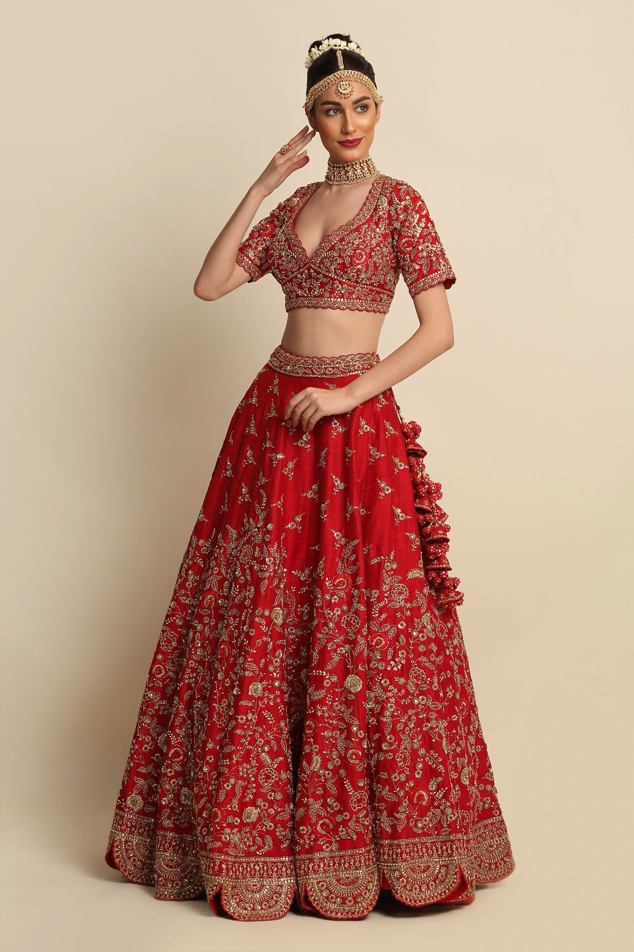 Electric Red Hand Embroidered Bridal Lehenga Set