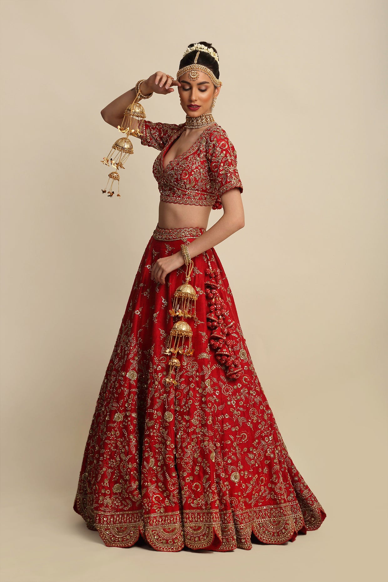 Electric Red Hand Embroidered Bridal Lehenga set