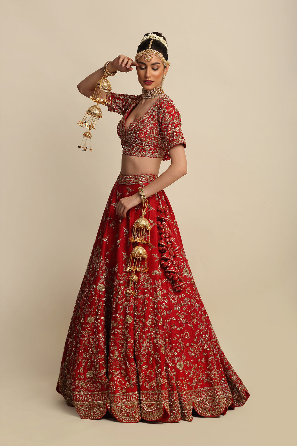 Electric Red Hand Embroidered Bridal Lehenga Set