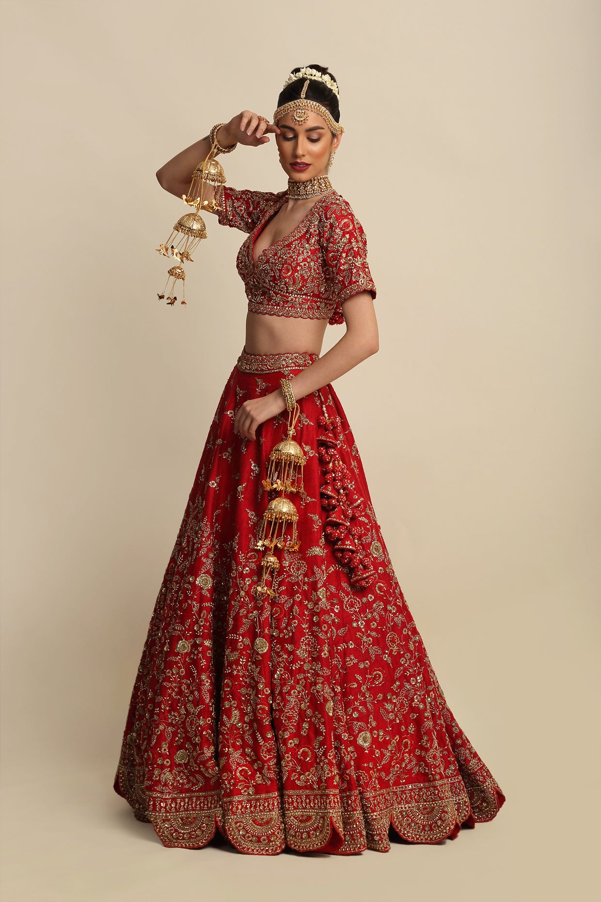 Electric Red Hand Embroidered Bridal Lehenga Set