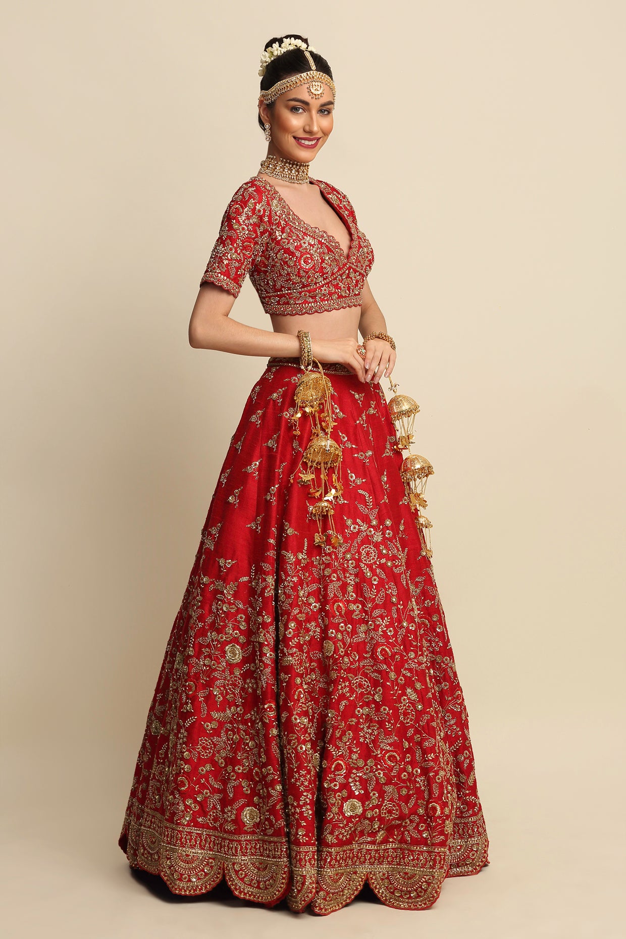 Electric Red Hand Embroidered Bridal Lehenga set