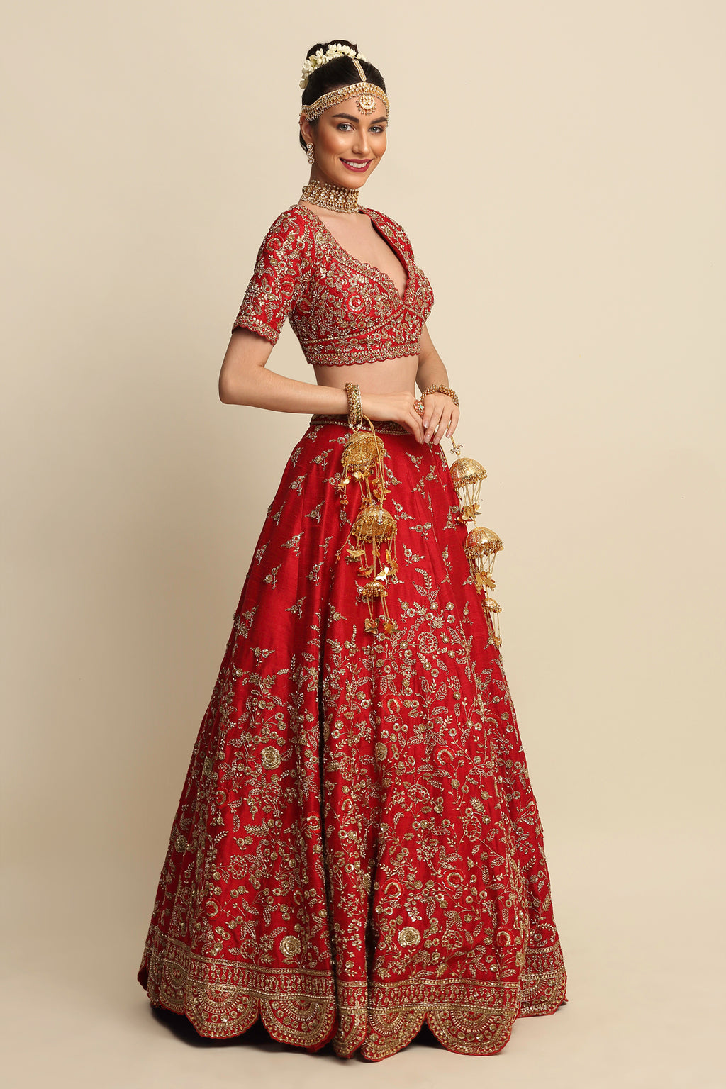 Electric Red Hand Embroidered Bridal Lehenga Set