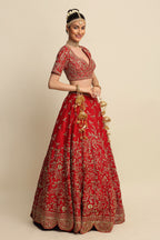 Electric Red Hand Embroidered Bridal Lehenga Set