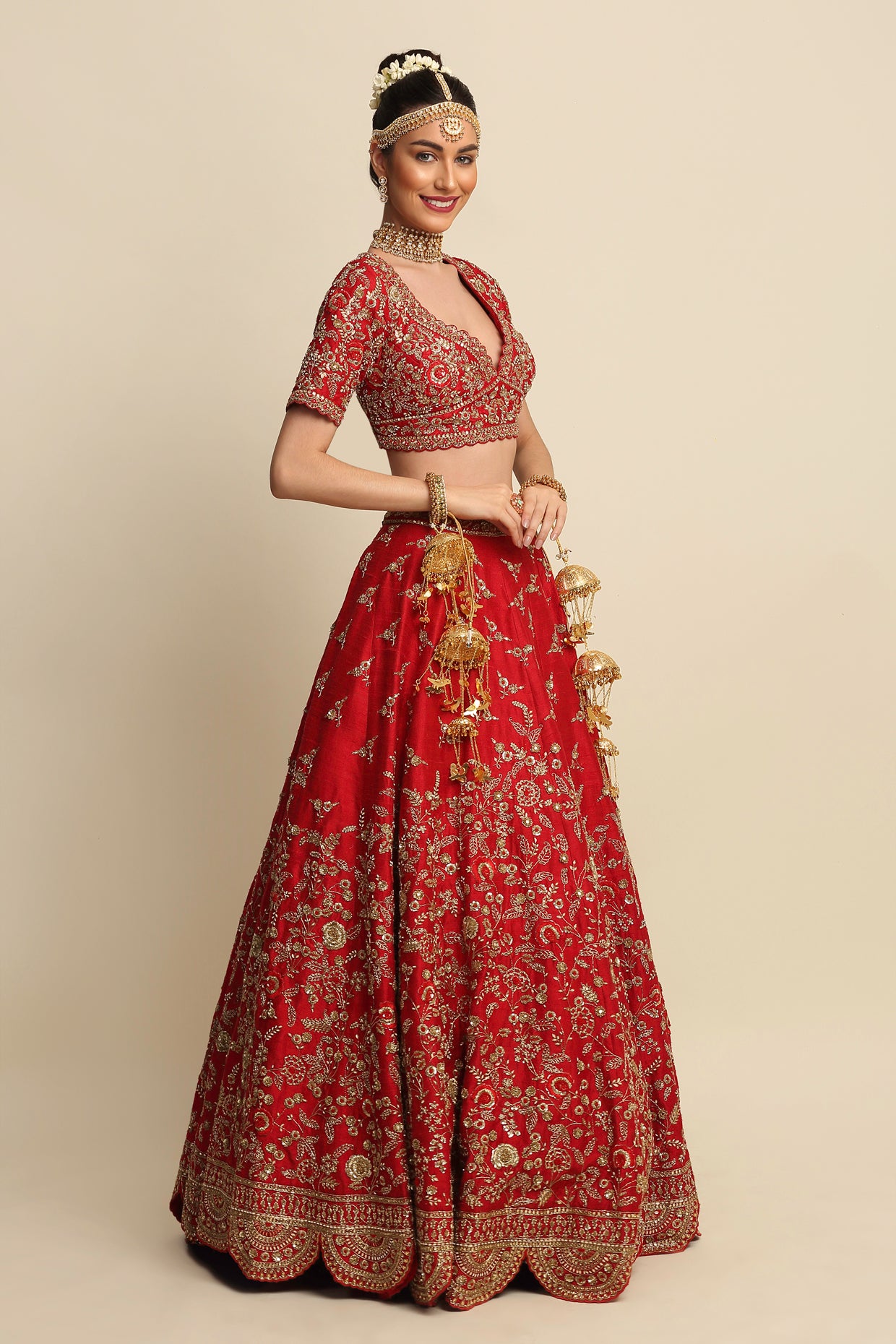 Electric Red Hand Embroidered Bridal Lehenga Set