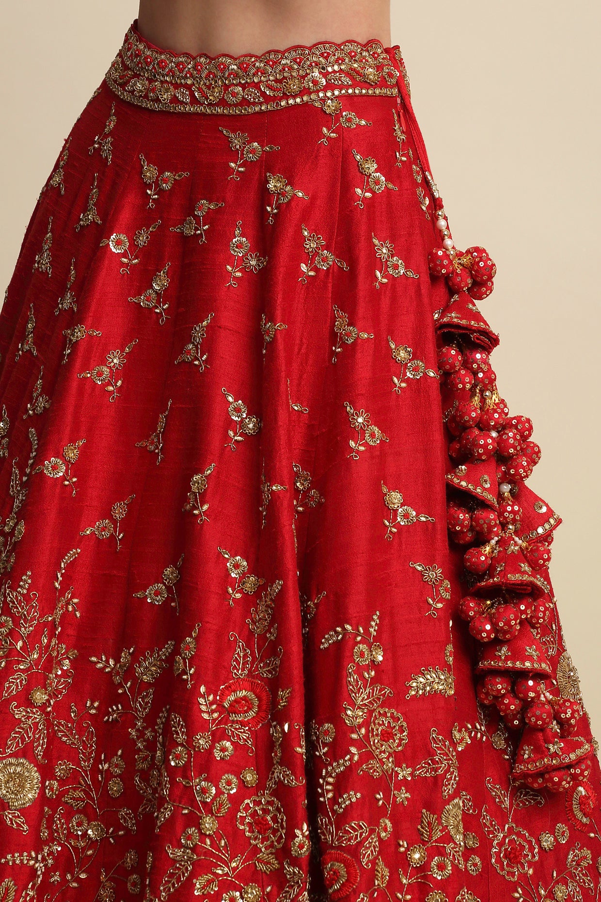 Electric Red Hand Embroidered Bridal Lehenga Set