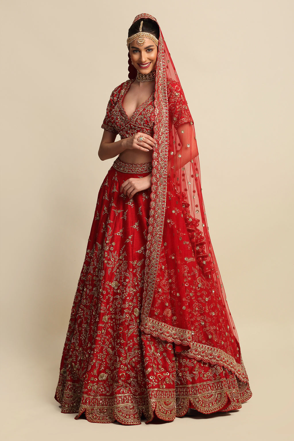 Electric Red Hand Embroidered Bridal Lehenga Set