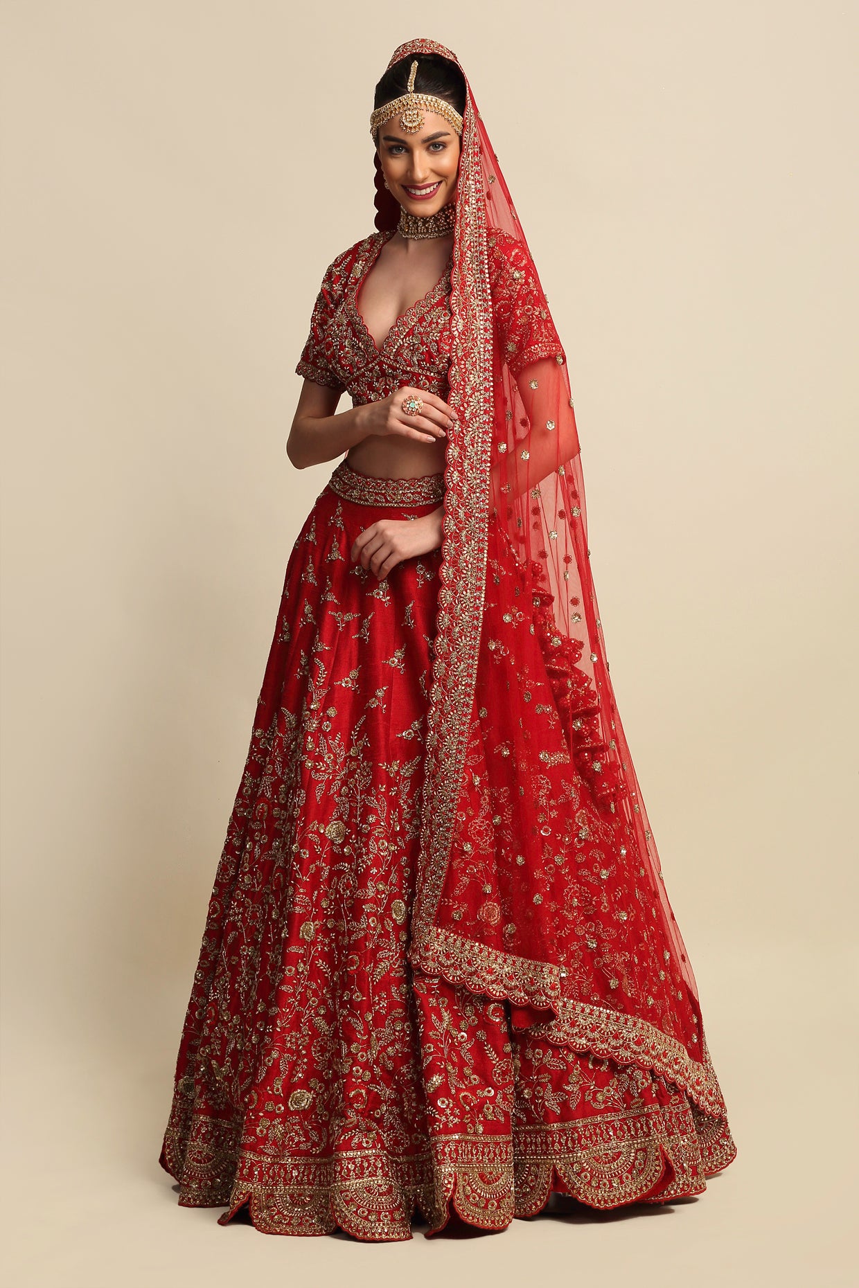 Electric Red Hand Embroidered Bridal Lehenga Set