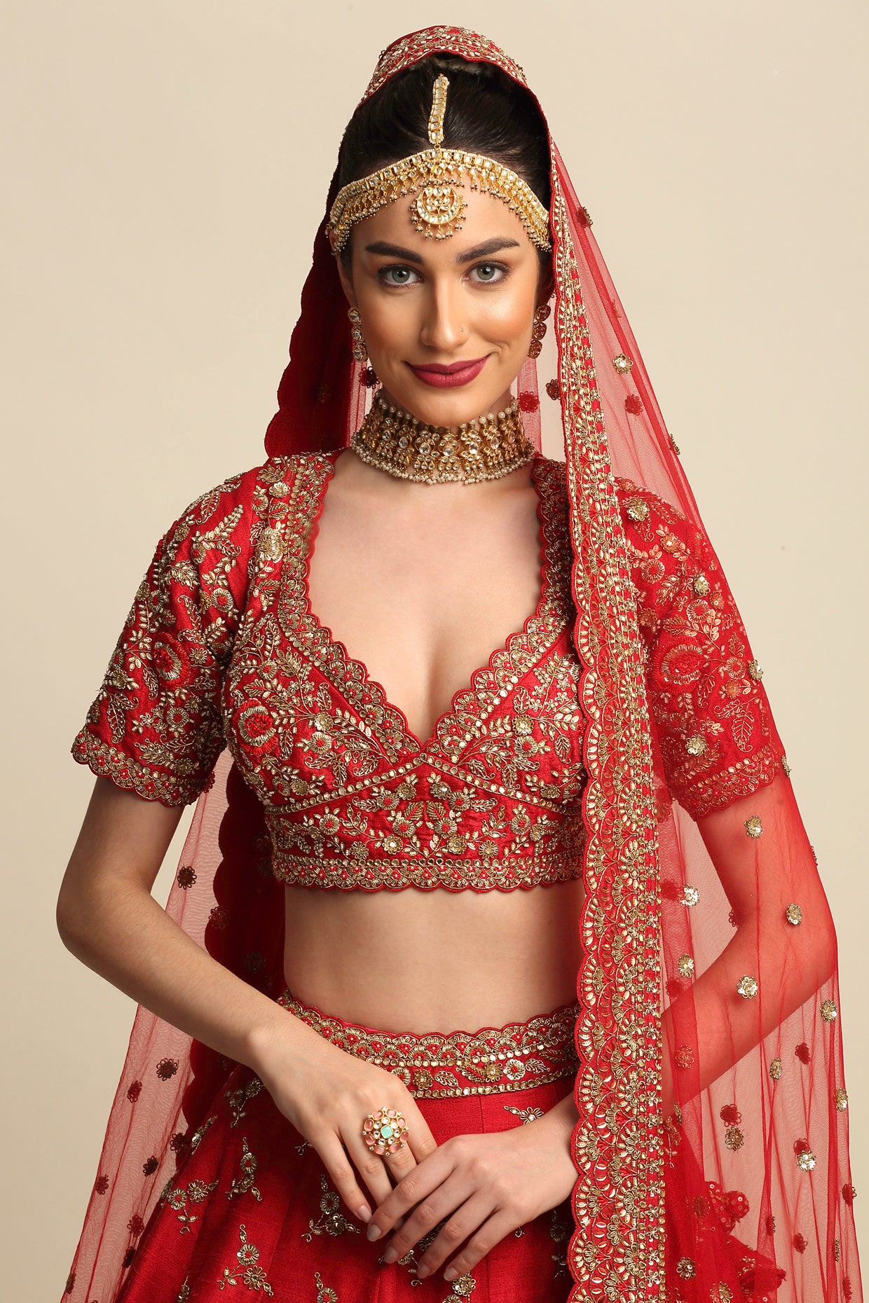 Electric Red Hand Embroidered Bridal Lehenga Set