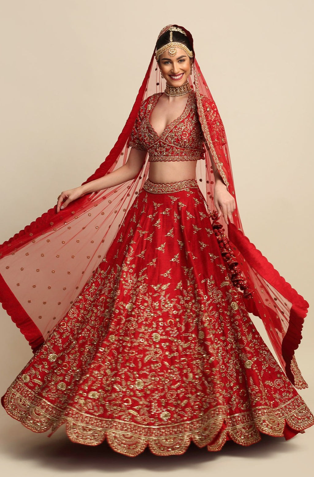 Electric Red Hand Embroidered Bridal Lehenga Set