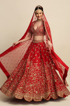 Electric Red Hand Embroidered Bridal Lehenga Set