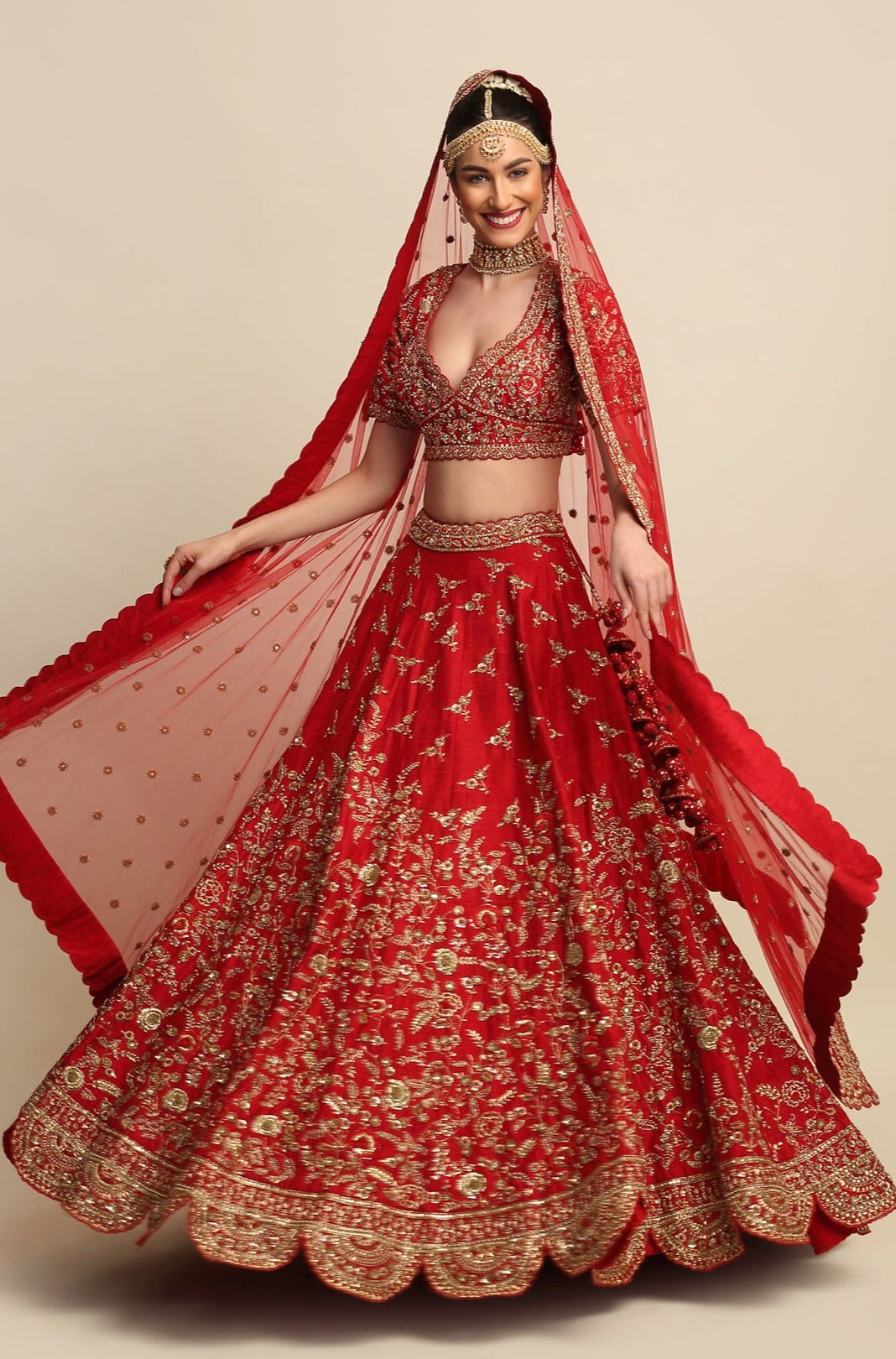 Electric Red Hand Embroidered Bridal Lehenga Set
