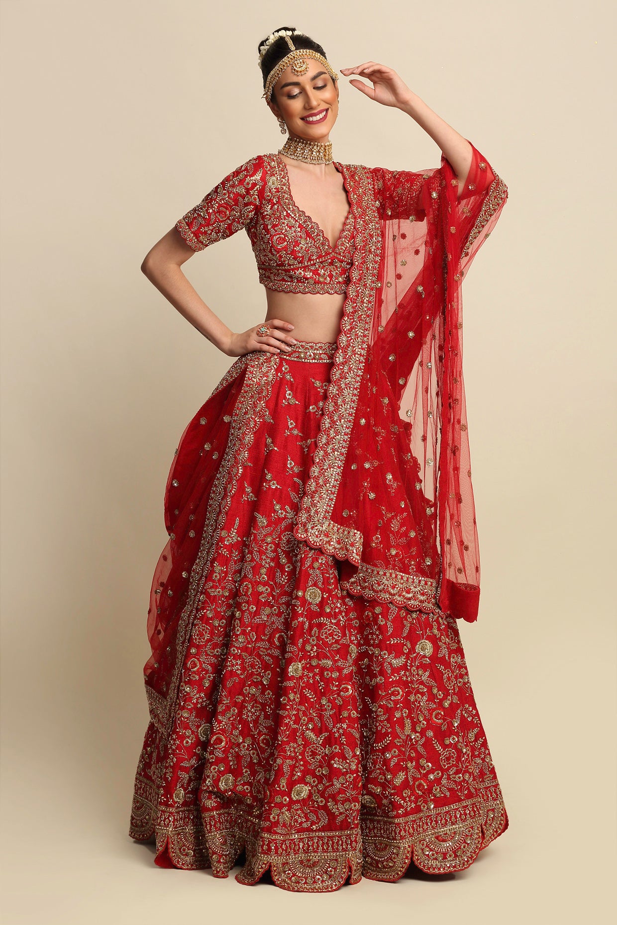Electric Red Hand Embroidered Bridal Lehenga Set