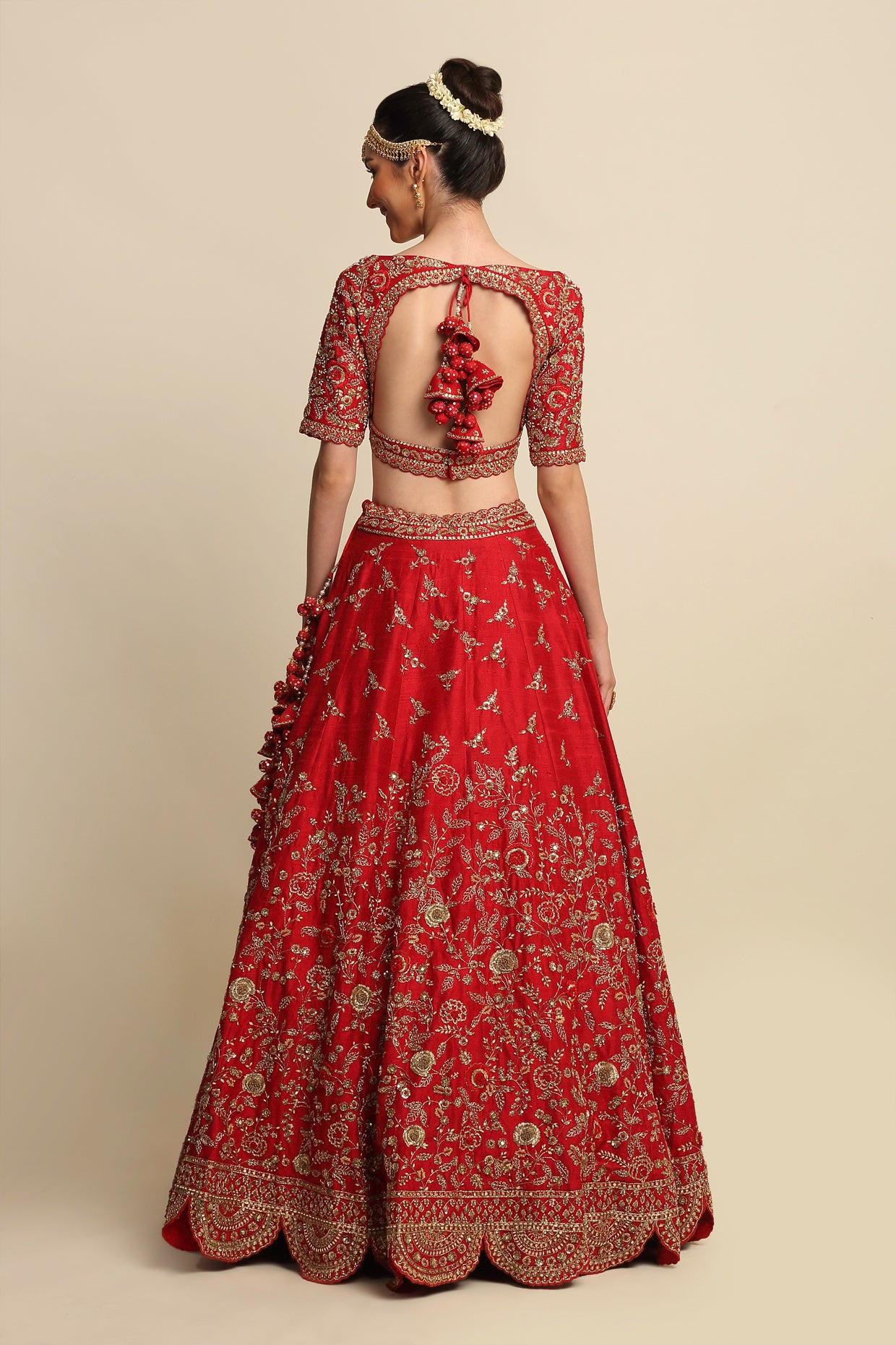 Electric Red Hand Embroidered Bridal Lehenga Set
