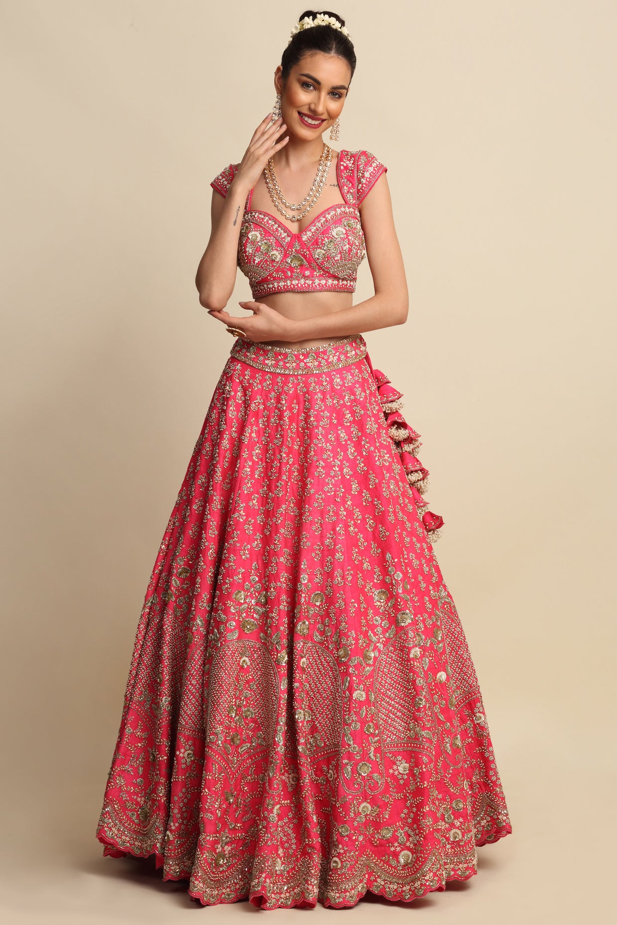 Fuchsia Pink Hand Embroidered Bridal Lehenga Set