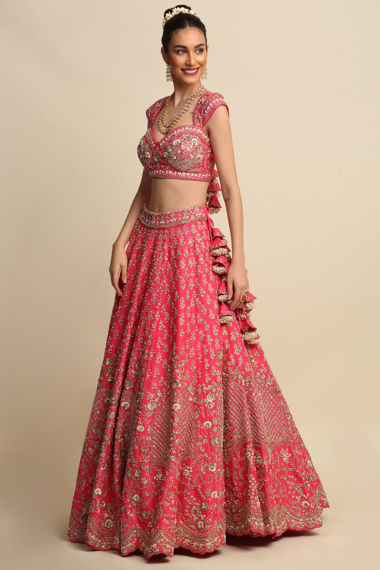 Fuchsia Pink Hand Embroidered Bridal Lehenga set