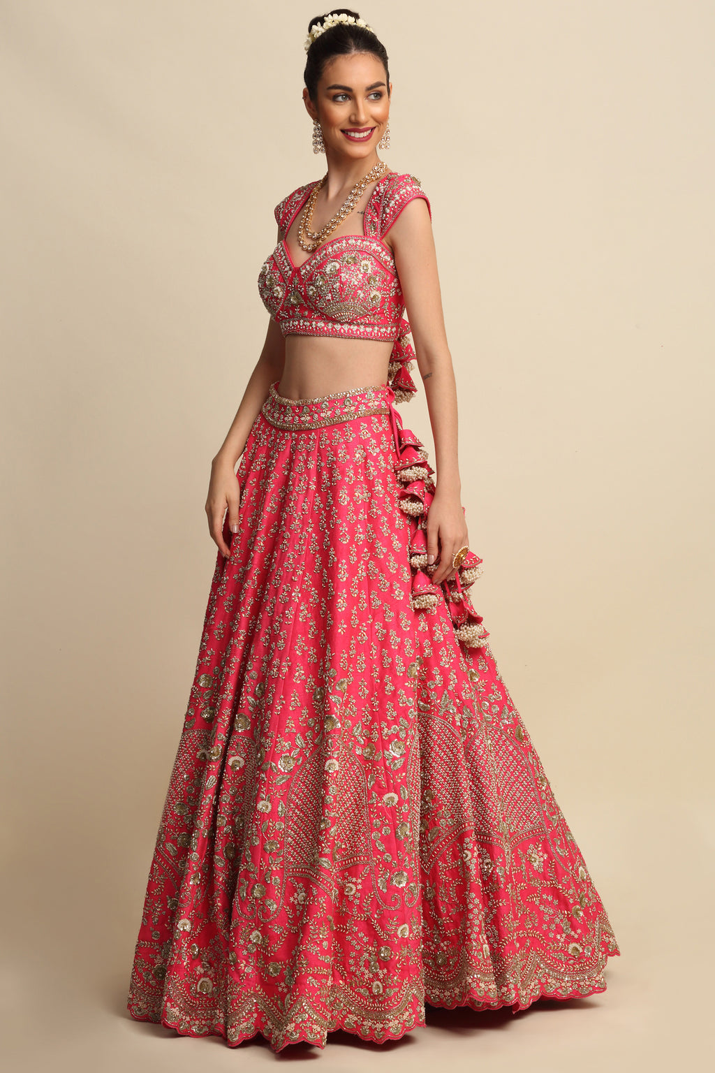 Fuchsia Pink Hand Embroidered Bridal Lehenga Set
