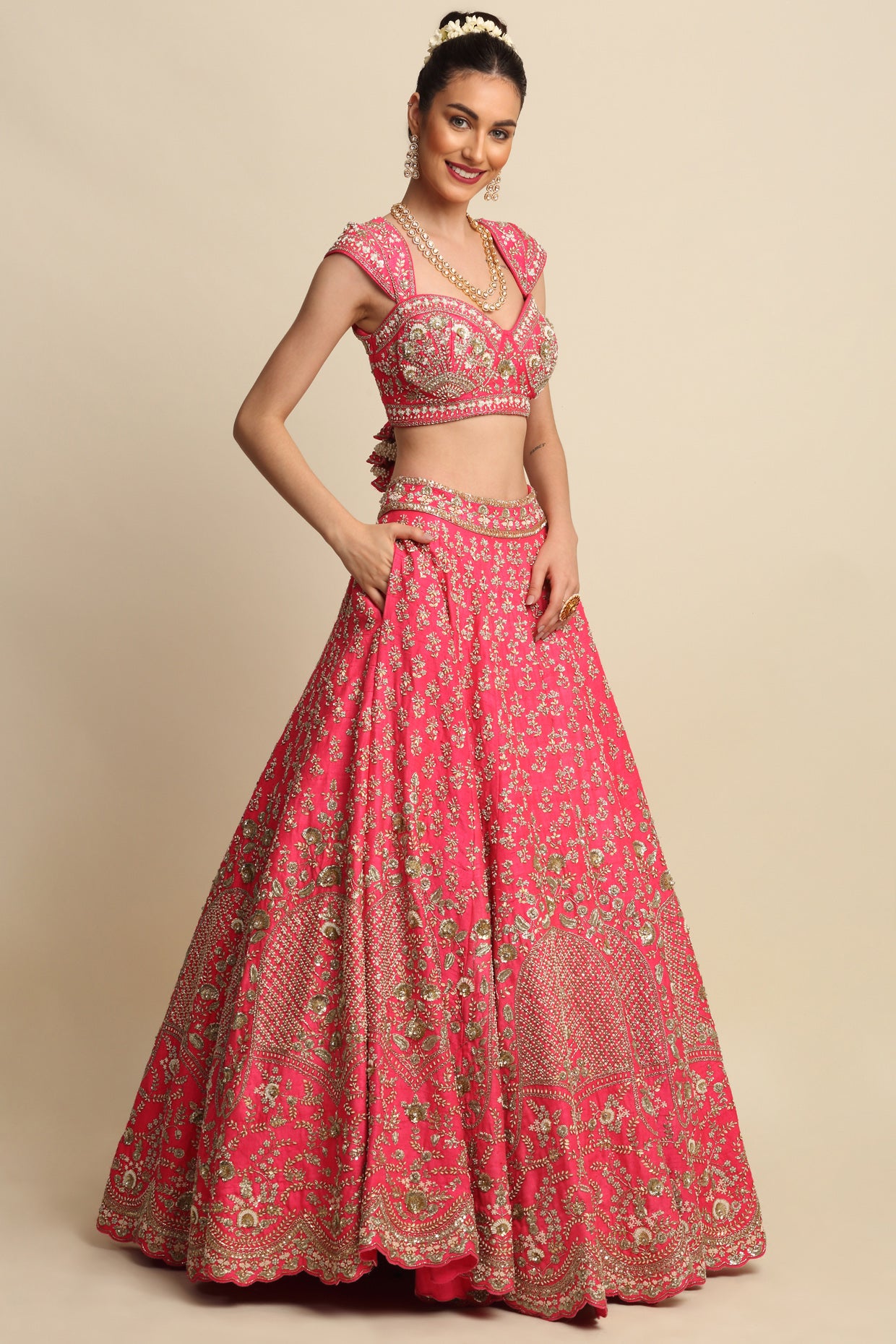 Fuchsia Pink Hand Embroidered Bridal Lehenga set