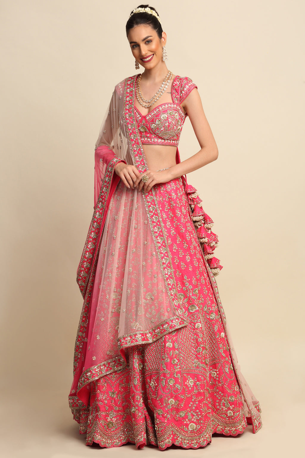 Fuchsia Pink Hand Embroidered Bridal Lehenga Set