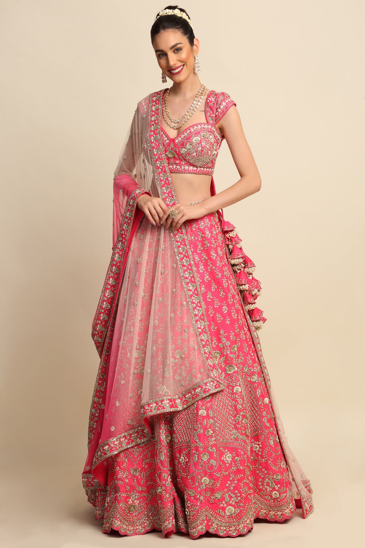 Fuchsia Pink Hand Embroidered Bridal Lehenga Set
