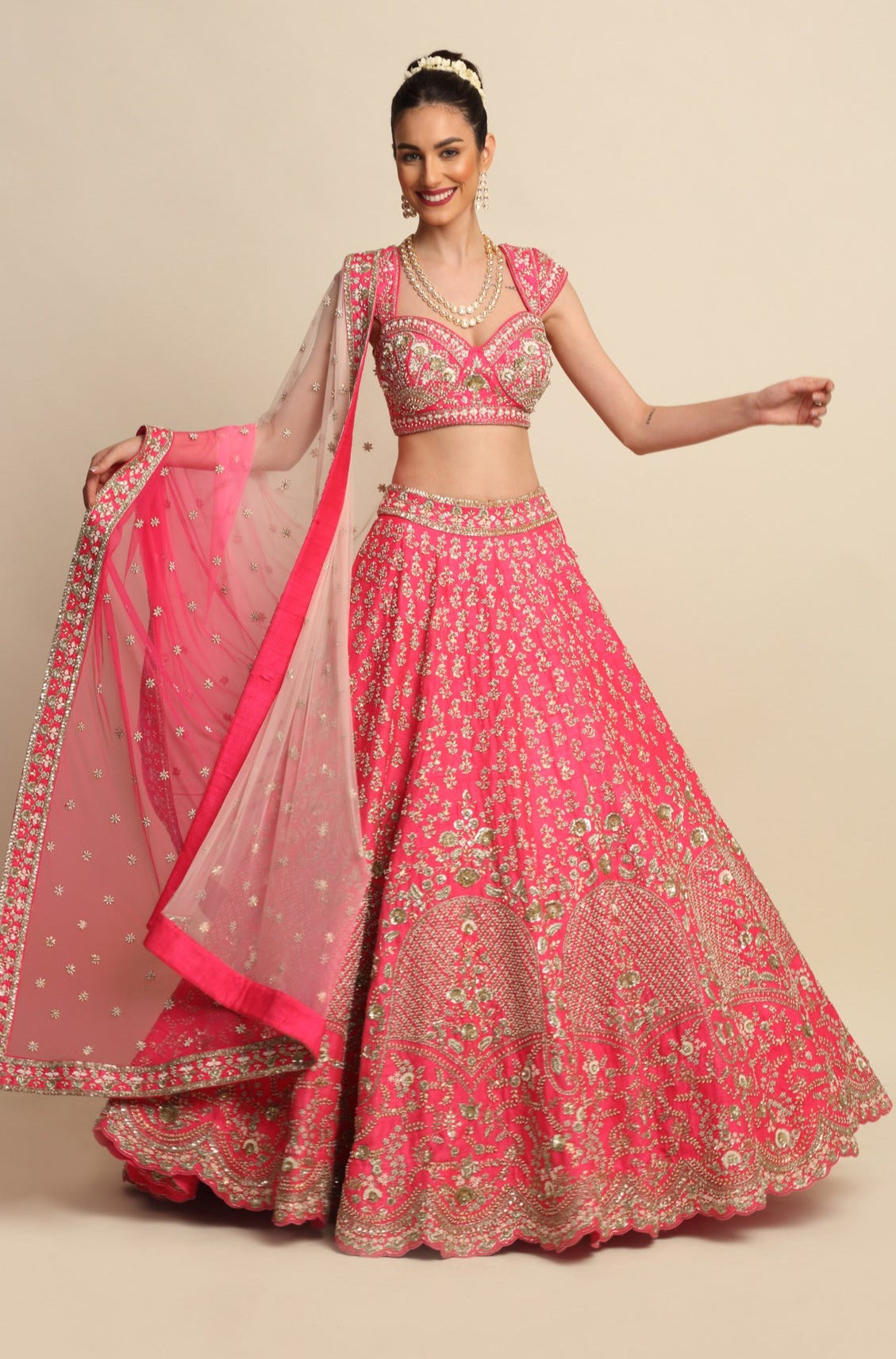 Embroidered Net Lehenga in Fuchsia : LCC719