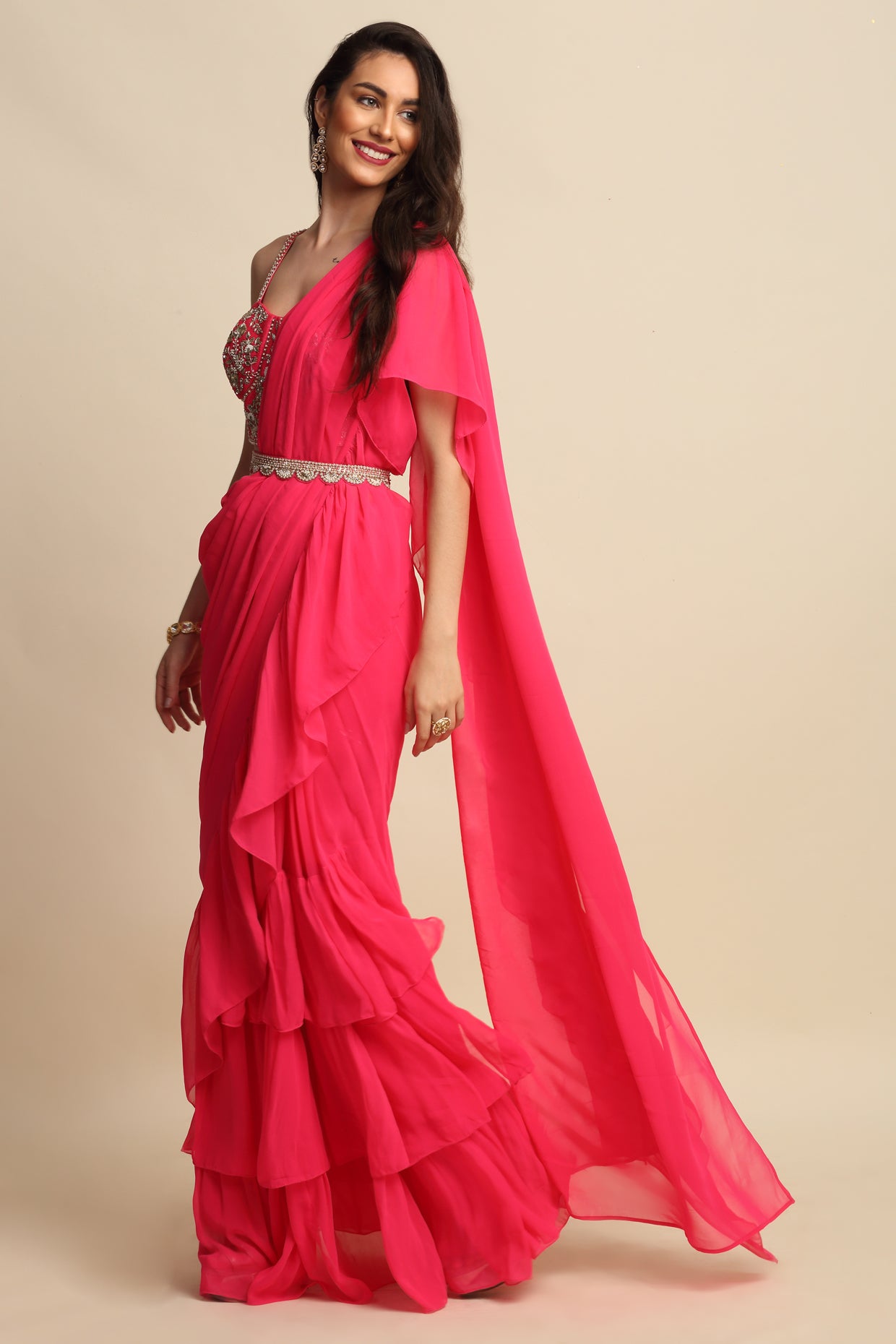 Fuchsia Pink Georgette Saree Set