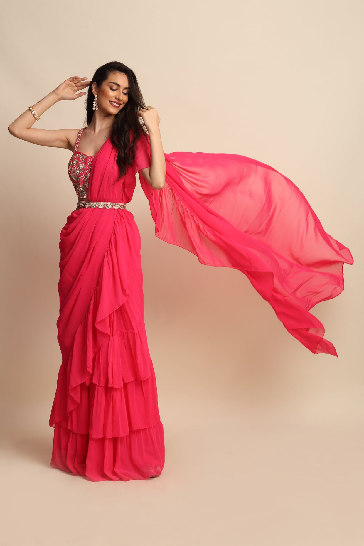 Fuchsia Pink Georgette Saree Set