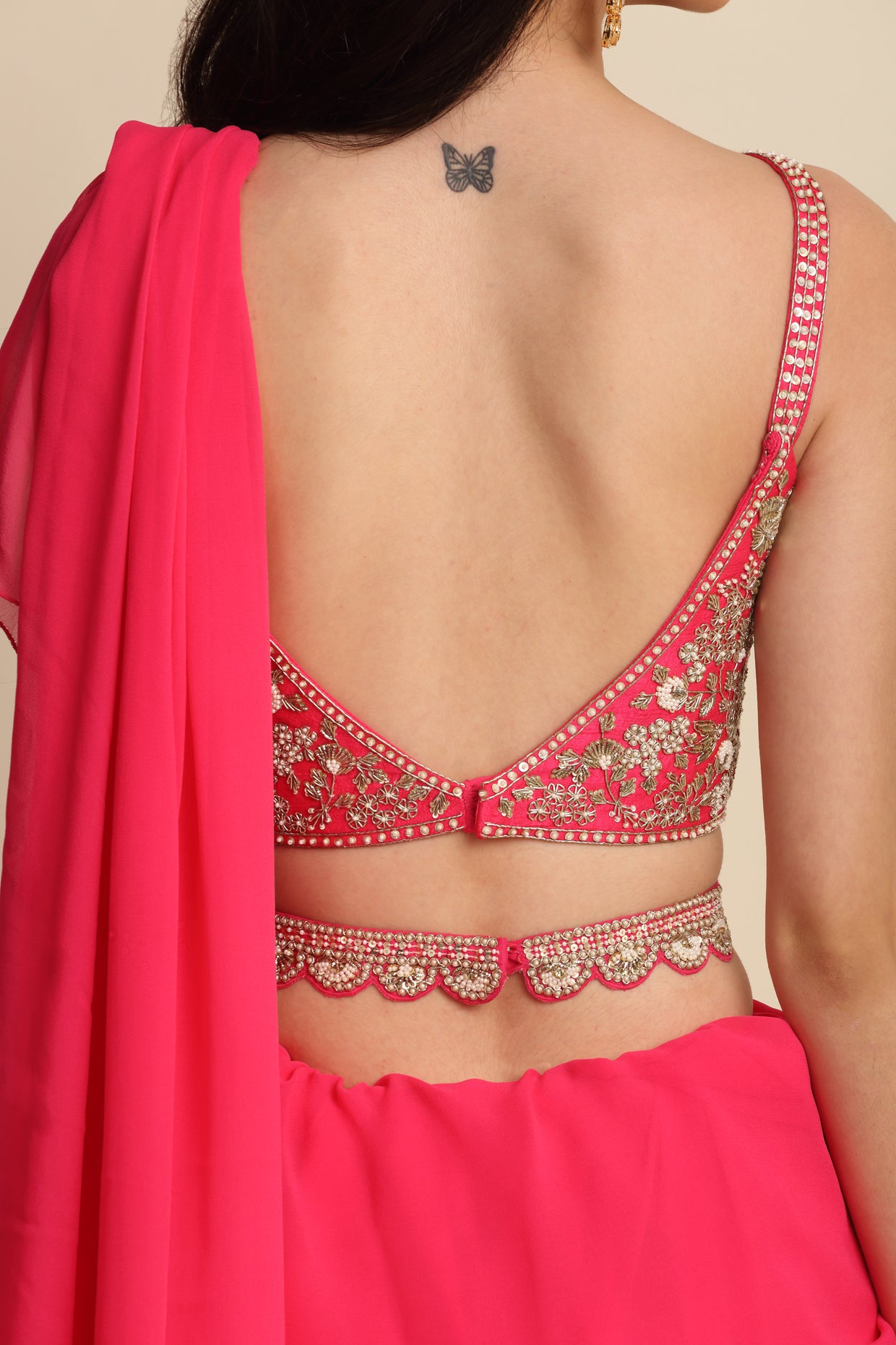 Fuchsia Pink Georgette Saree Set