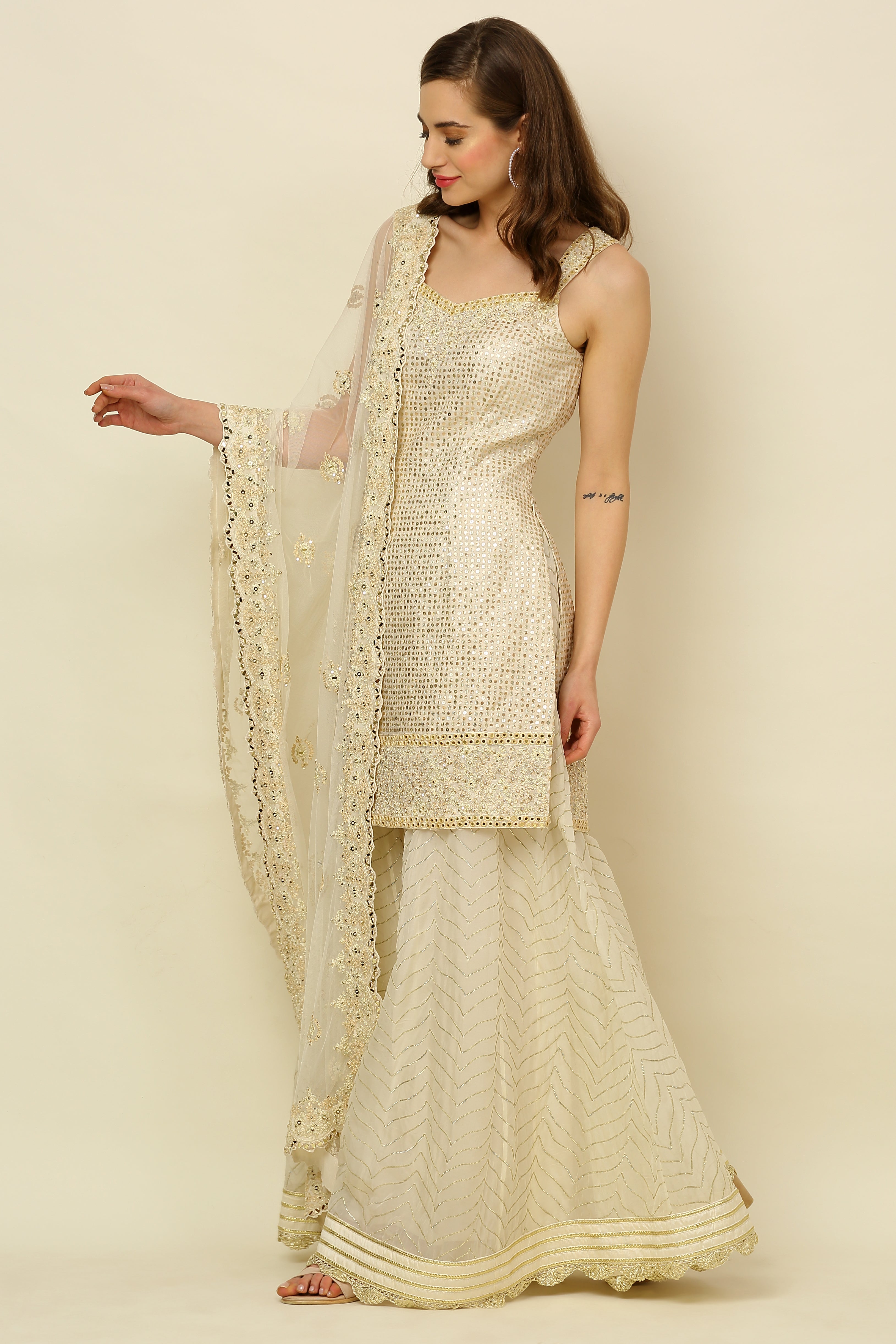 Ivory  Embroidered Sharara Set