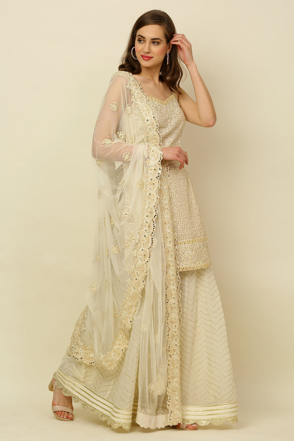 Ivory  Embroidered Sharara Set