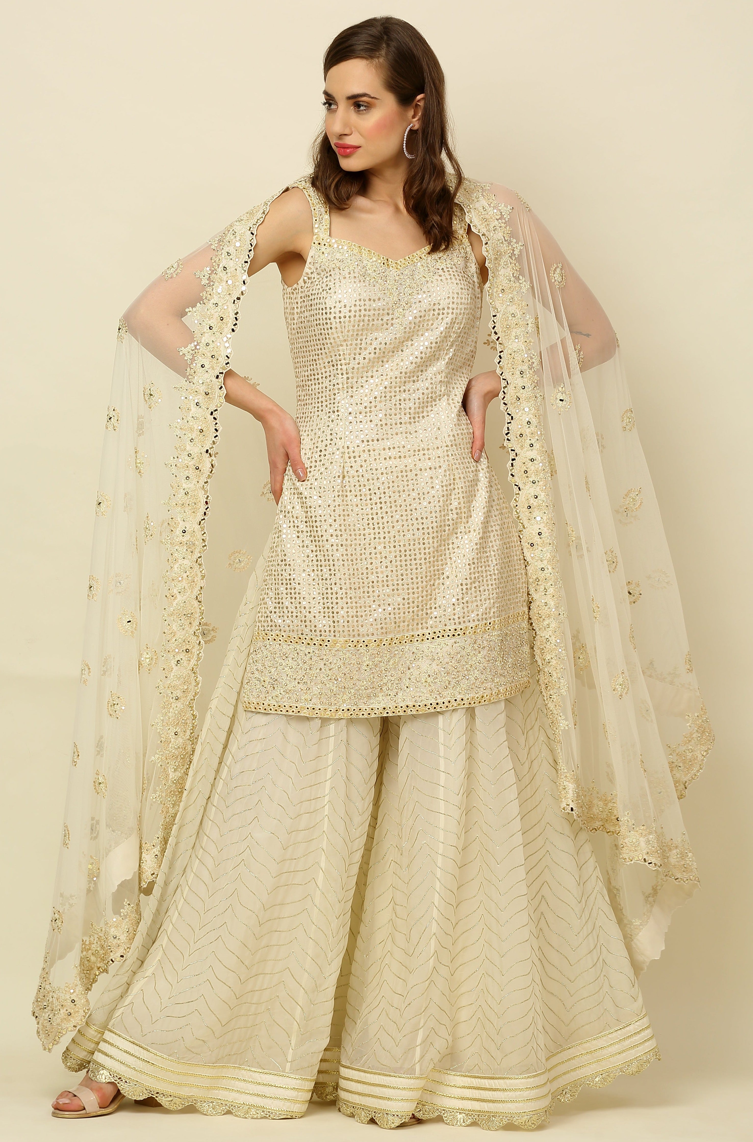 Ivory  Embroidered Sharara Set