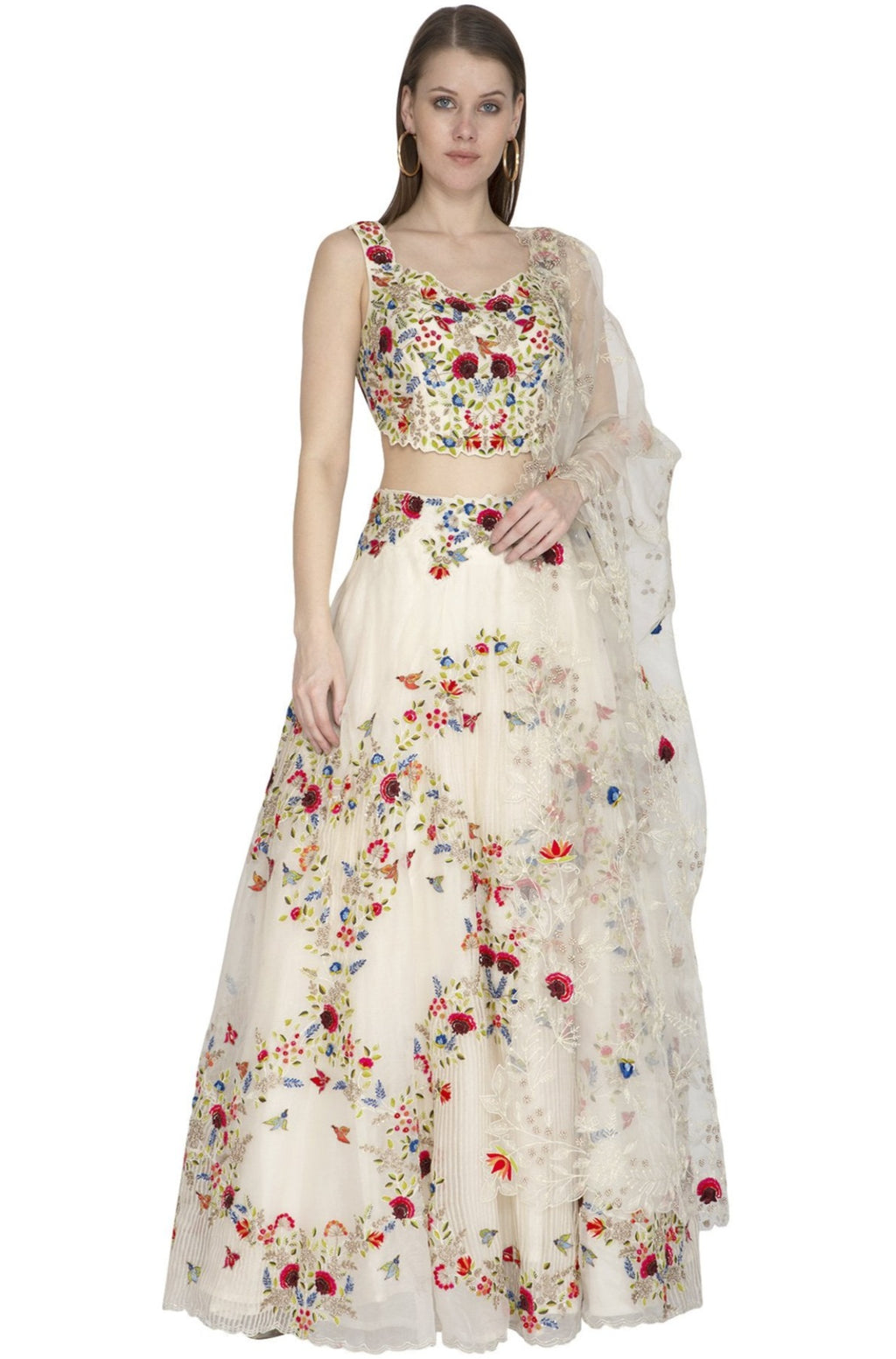 Ivory Mix and Match Embroidered Chanderi Silk Lehenga Backless Blouse and Dupatta set