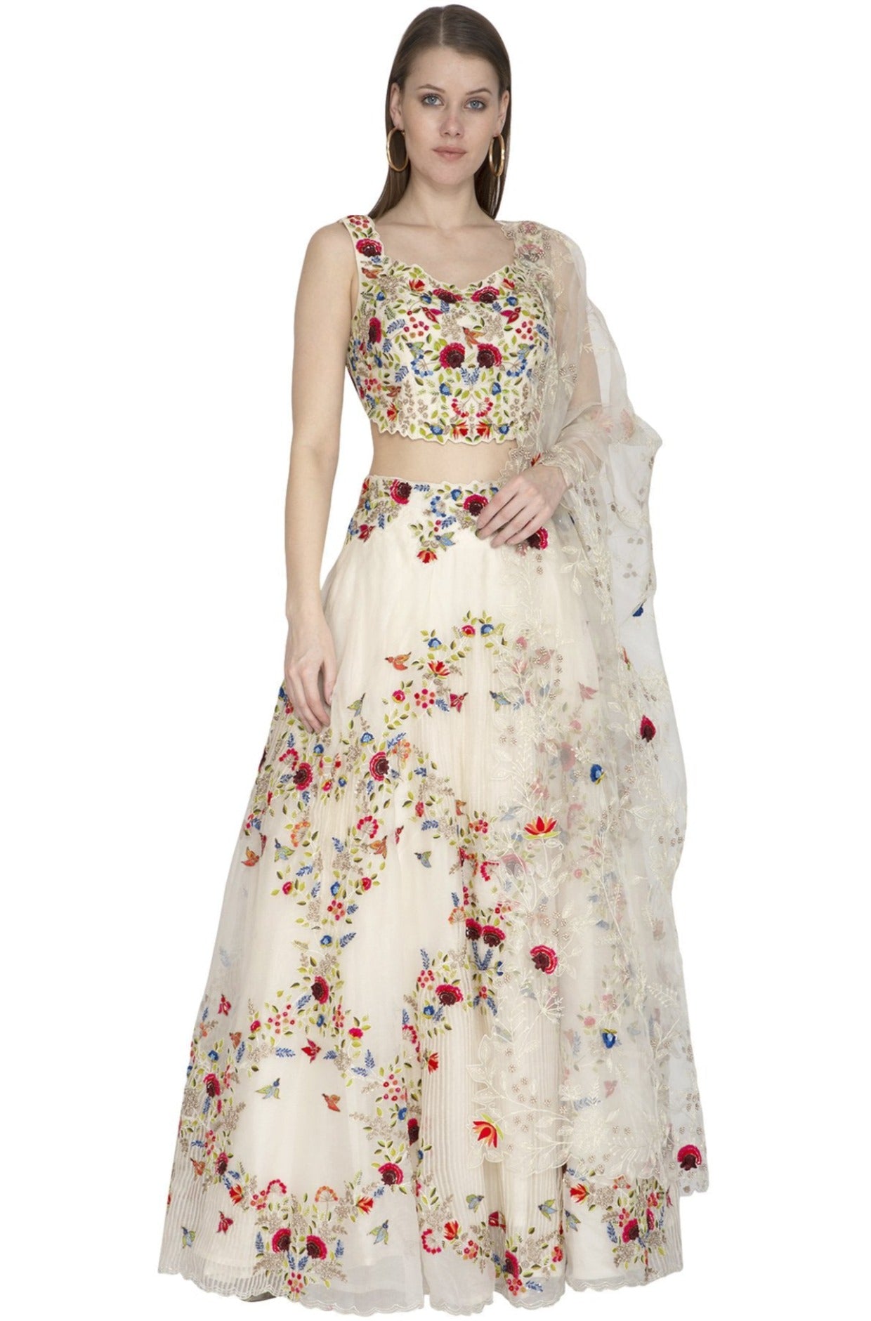 Ivory Mix and Match Embroidered Chanderi Silk Lehenga Backless Blouse and Dupatta set