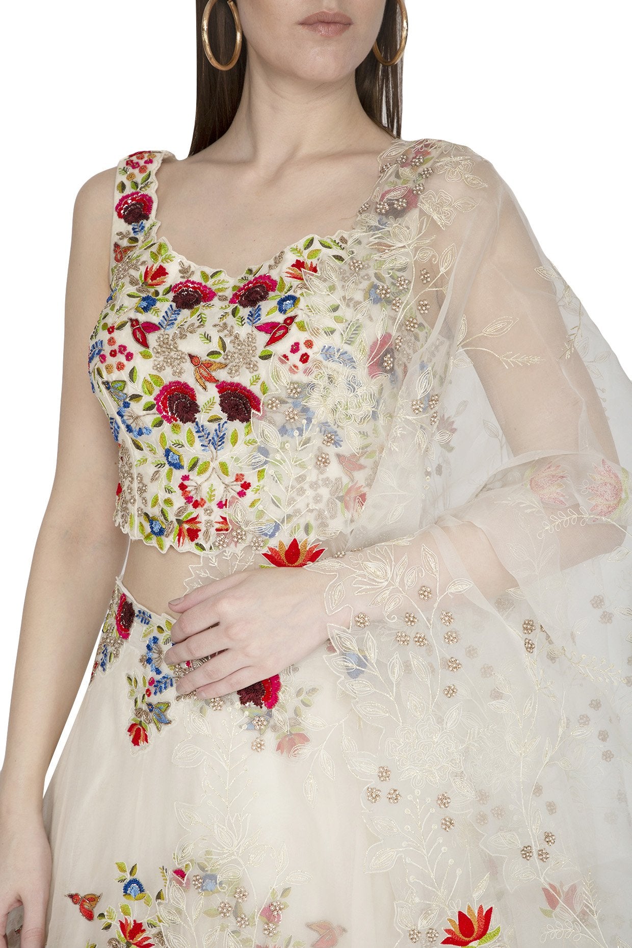 Ivory Mix and Match Embroidered Chanderi Silk Lehenga Backless Blouse with Hand work
