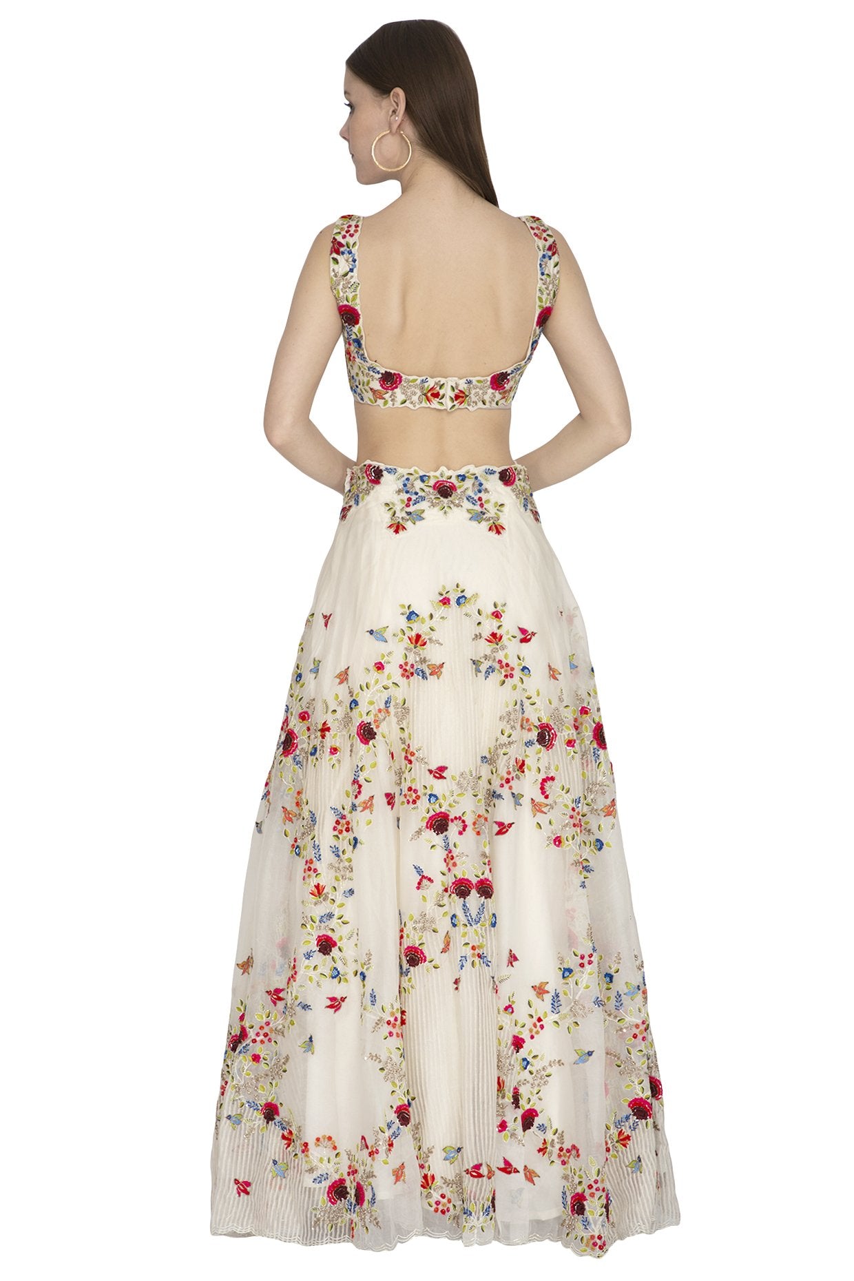 Embroidered Chanderi Silk Ivory Lehenga Backless Blouse