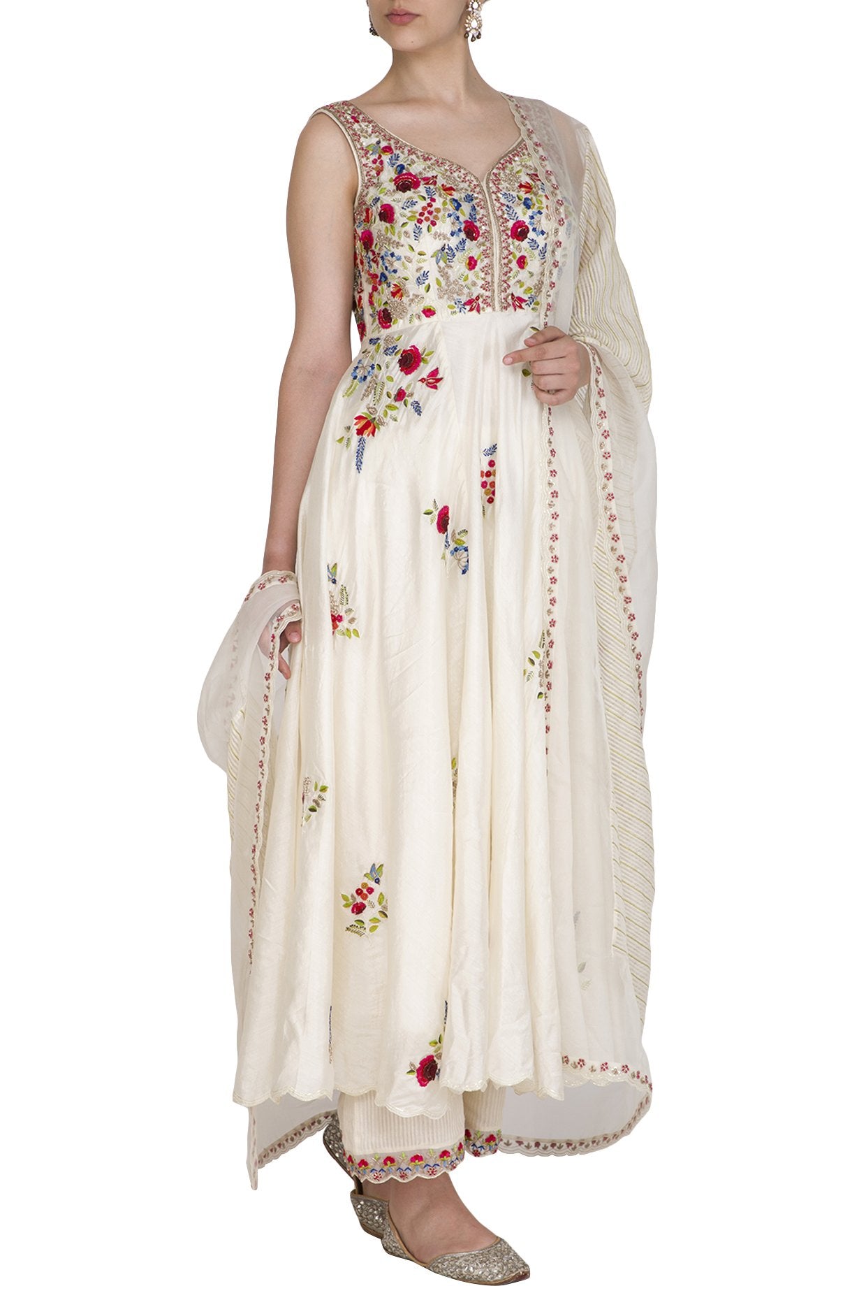 Ivory Multi-colored Embroidered Sleeveless Anarkali with Dupatta and Palazzo